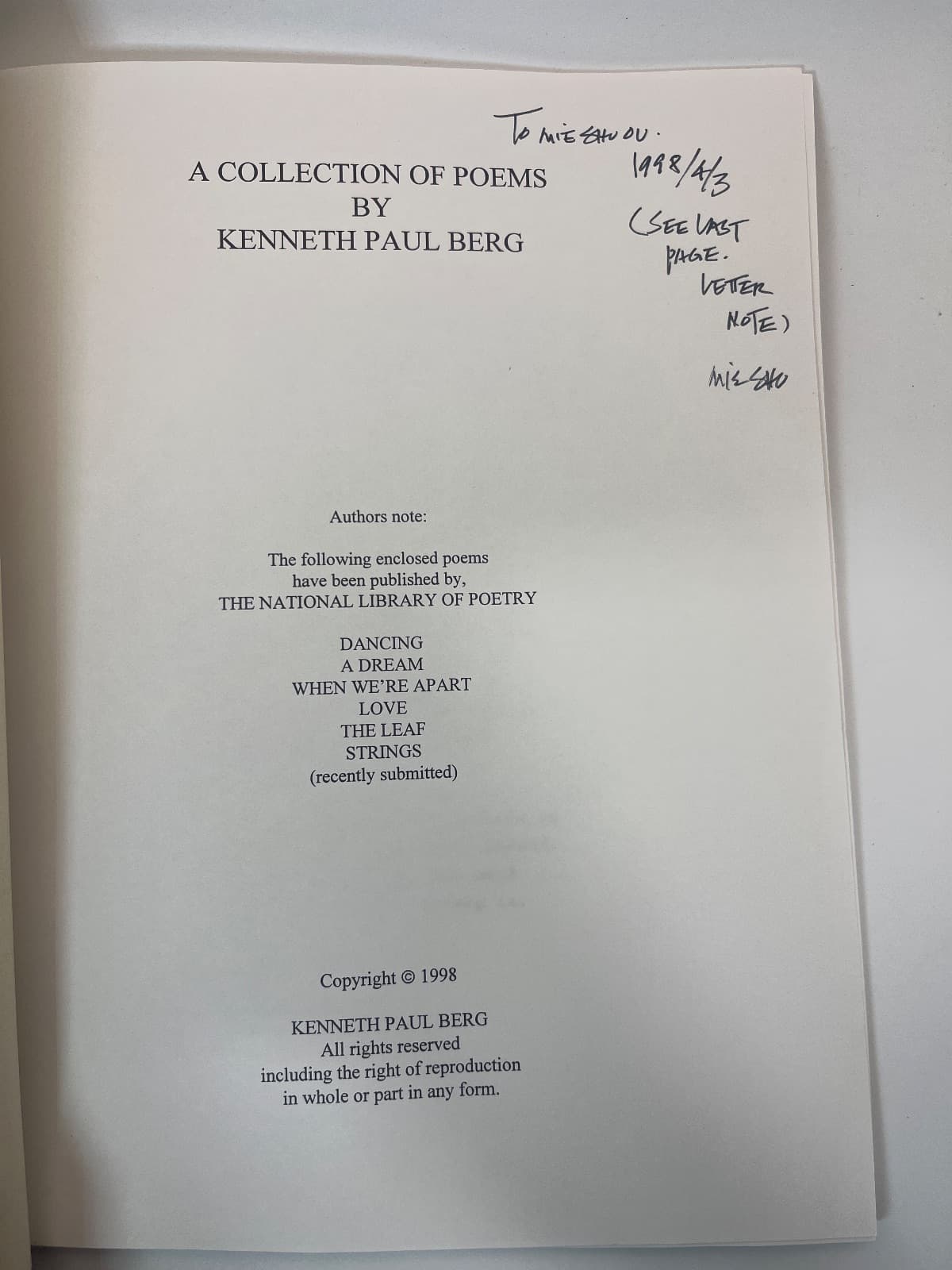 Thoughts of Love, Life and Dreams by Kenneth Paul Berg - title page