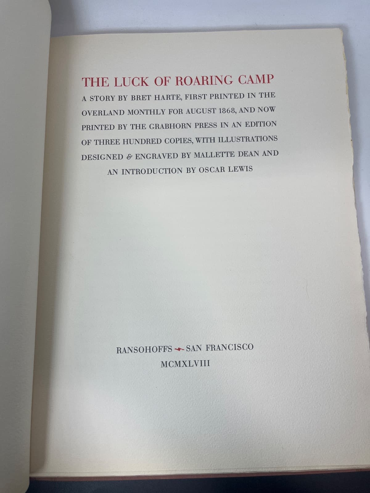 The Luck of Roaring Camp - Grabhorn Press -1948 Reprint  by Bret Harte - title page
