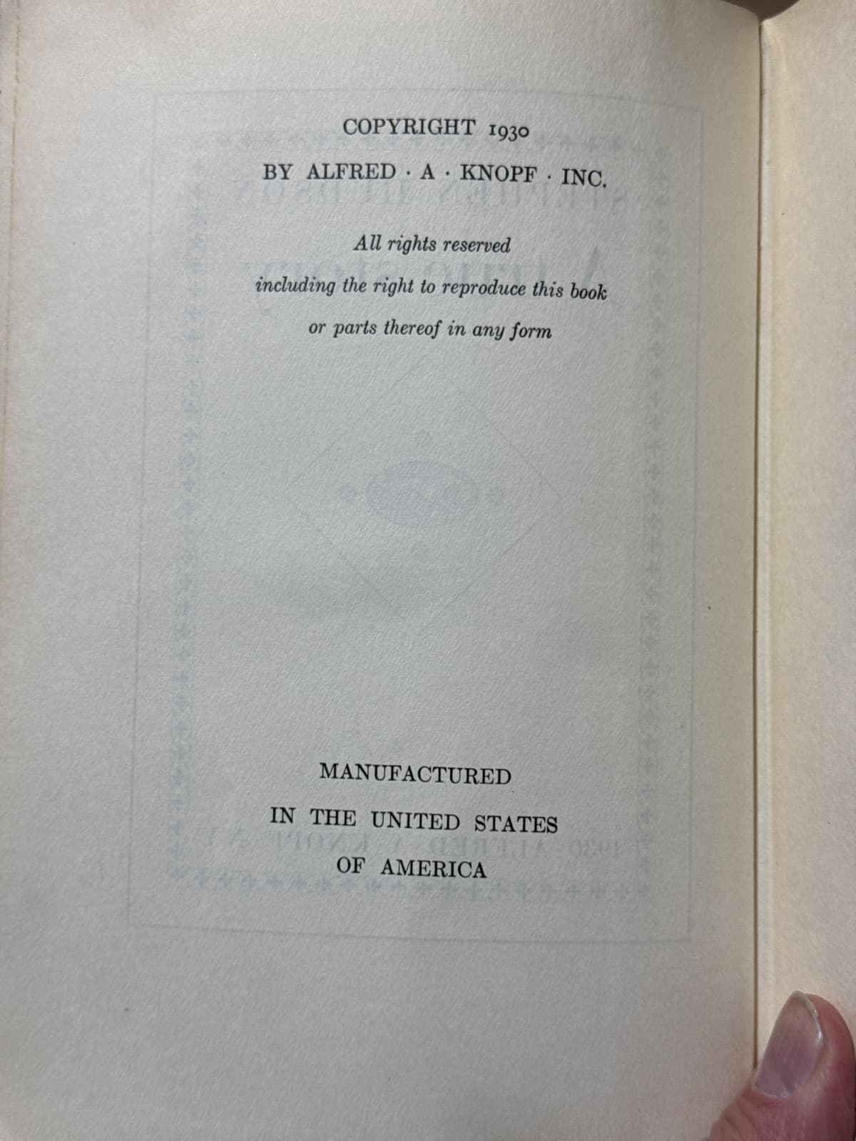 A true story by Stephen Hudson - copyright page showing 1930 details