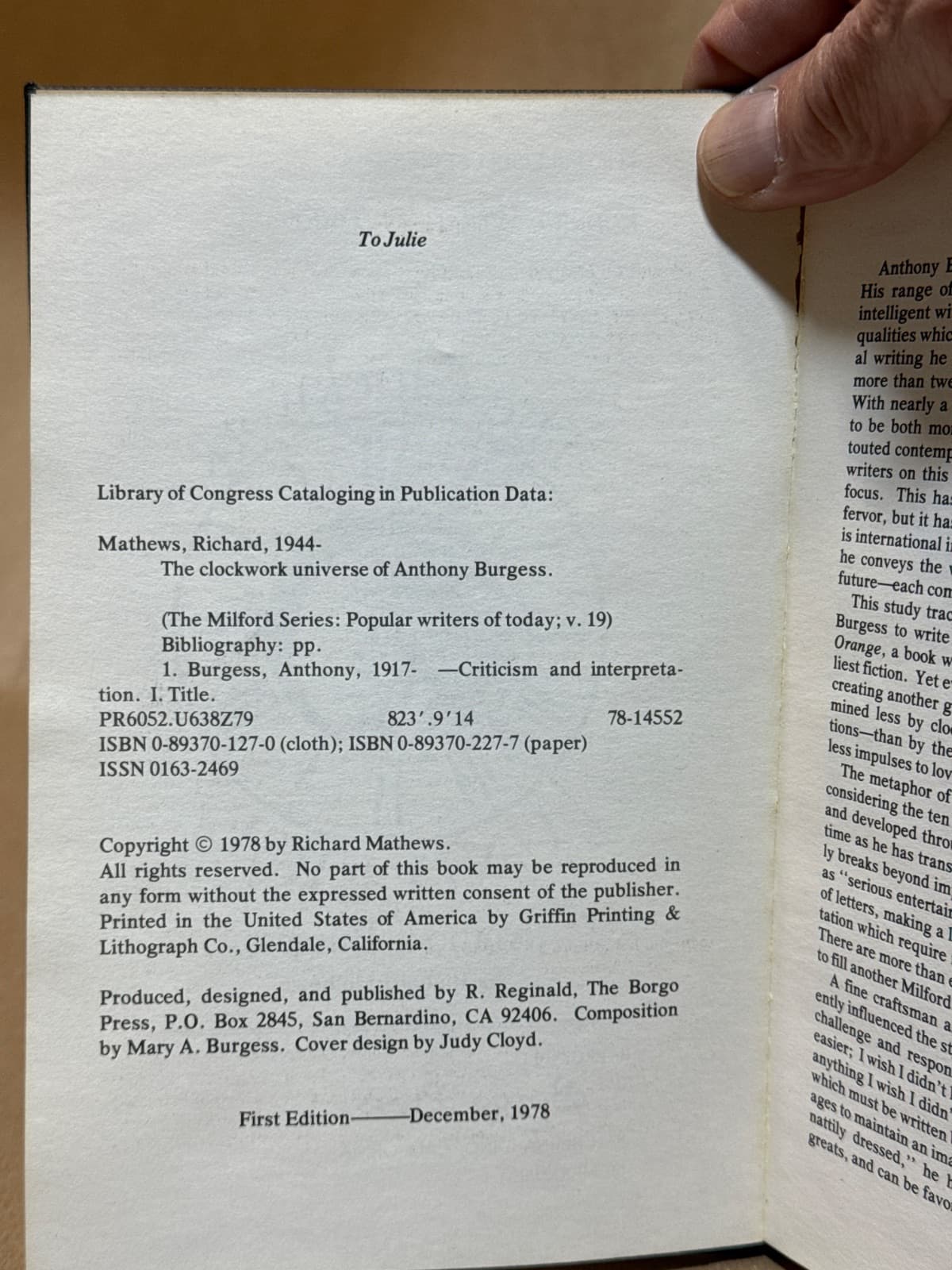 The Clockwork Universe of Anthony Burgess by Richard Mathews - copyright page showing 1978 details