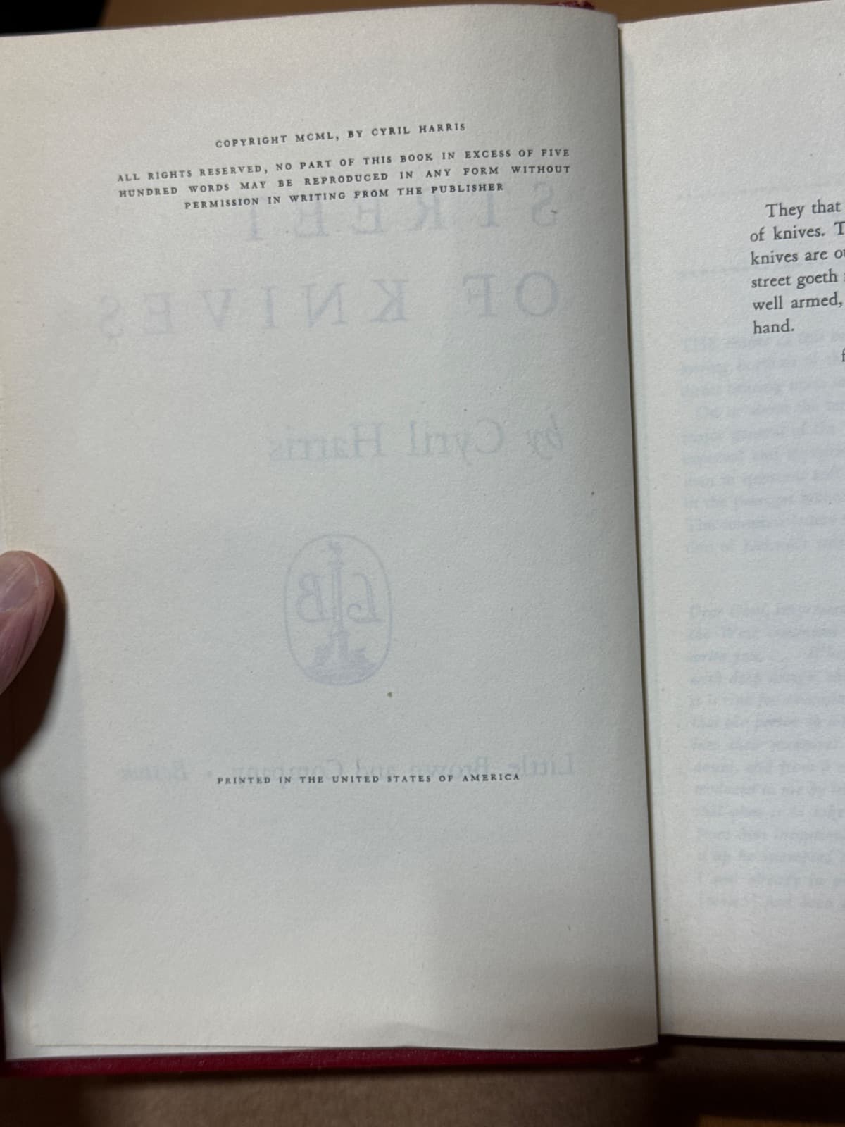 Street of Knives by Cyril Harris - copyright page showing 1950 details