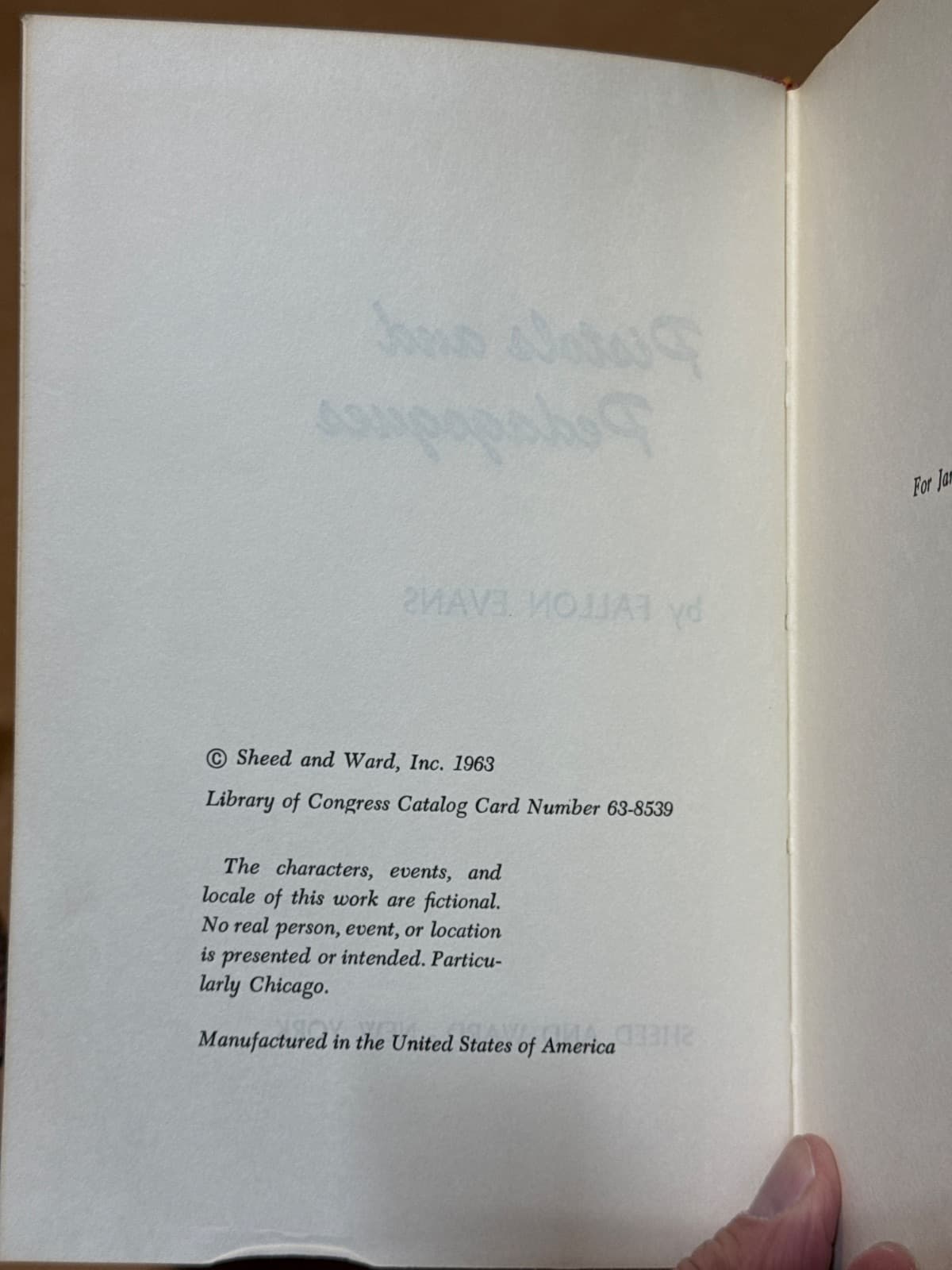 Pistols and Pedagogues by Fallon Evans - copyright page showing 1963 details