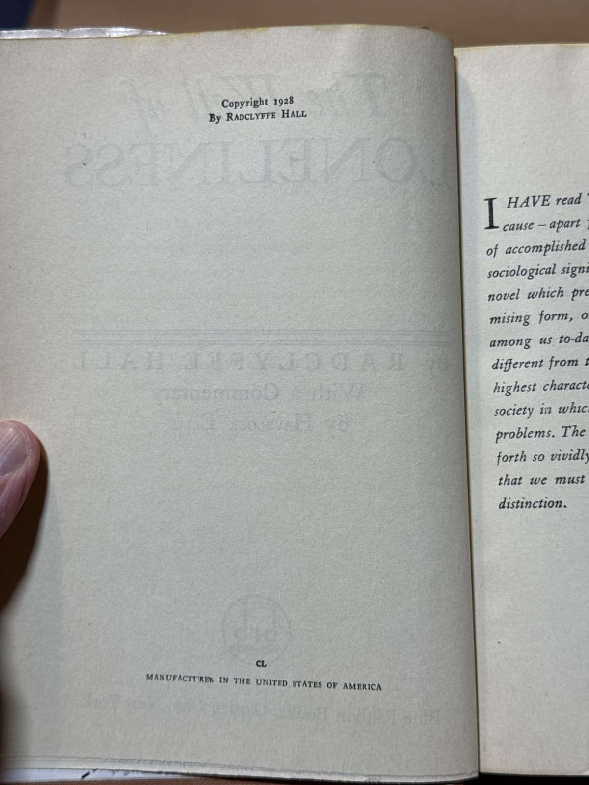 The Well of Loneliness by Radclyffe Hall - copyright page showing 1928 details