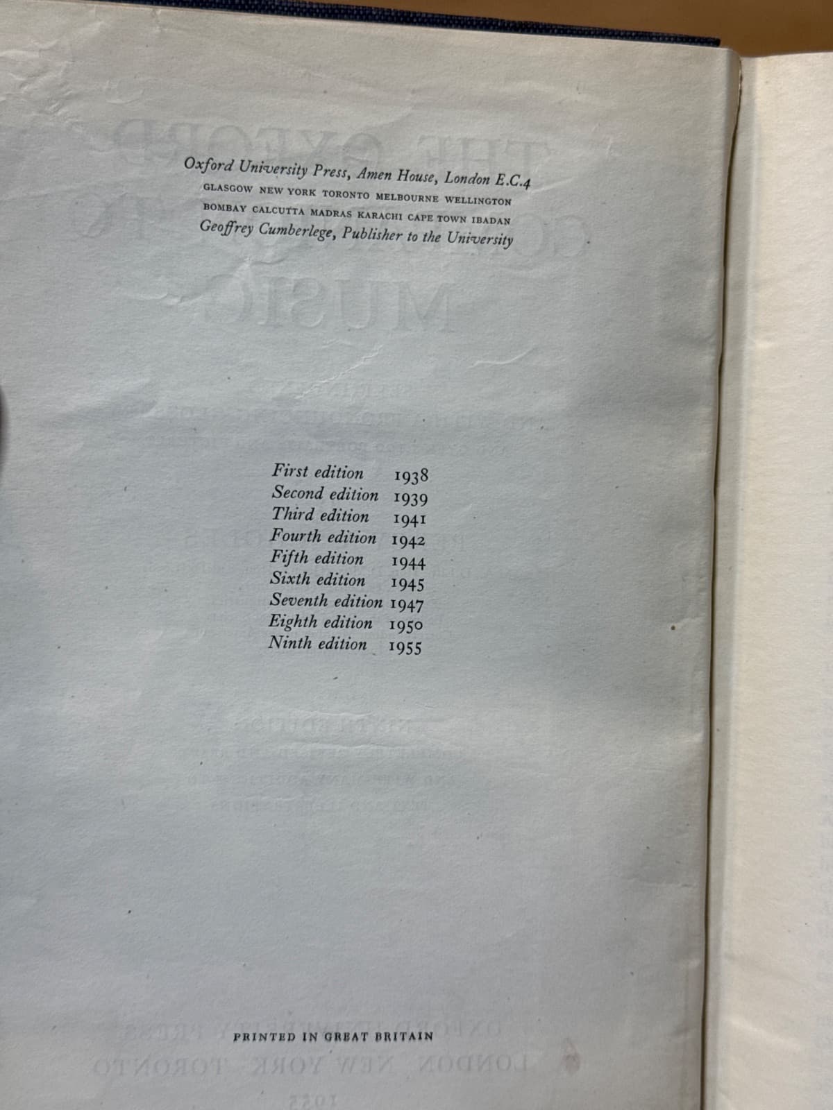 The Oxford Companion to Music by Percy A. Scholes - copyright page showing 1955 details