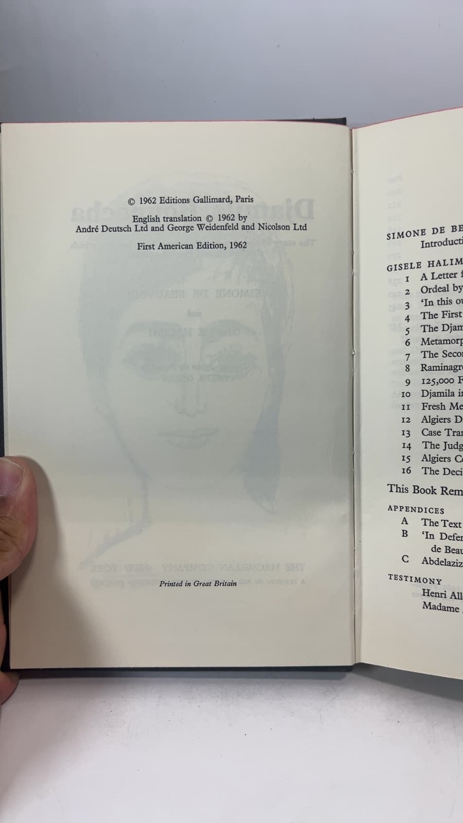Djamila Boupacha by Simone de Beauvoir and Gisele Halimi - copyright page showing 1962 details