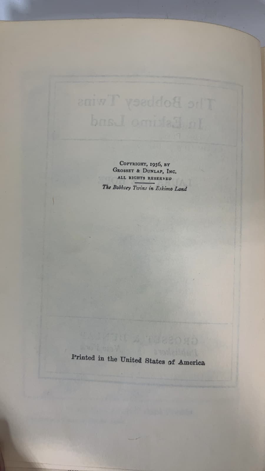 The Bobbsey Twins In Eskimo Land by Laura Lee Hope - copyright page showing 1936 details