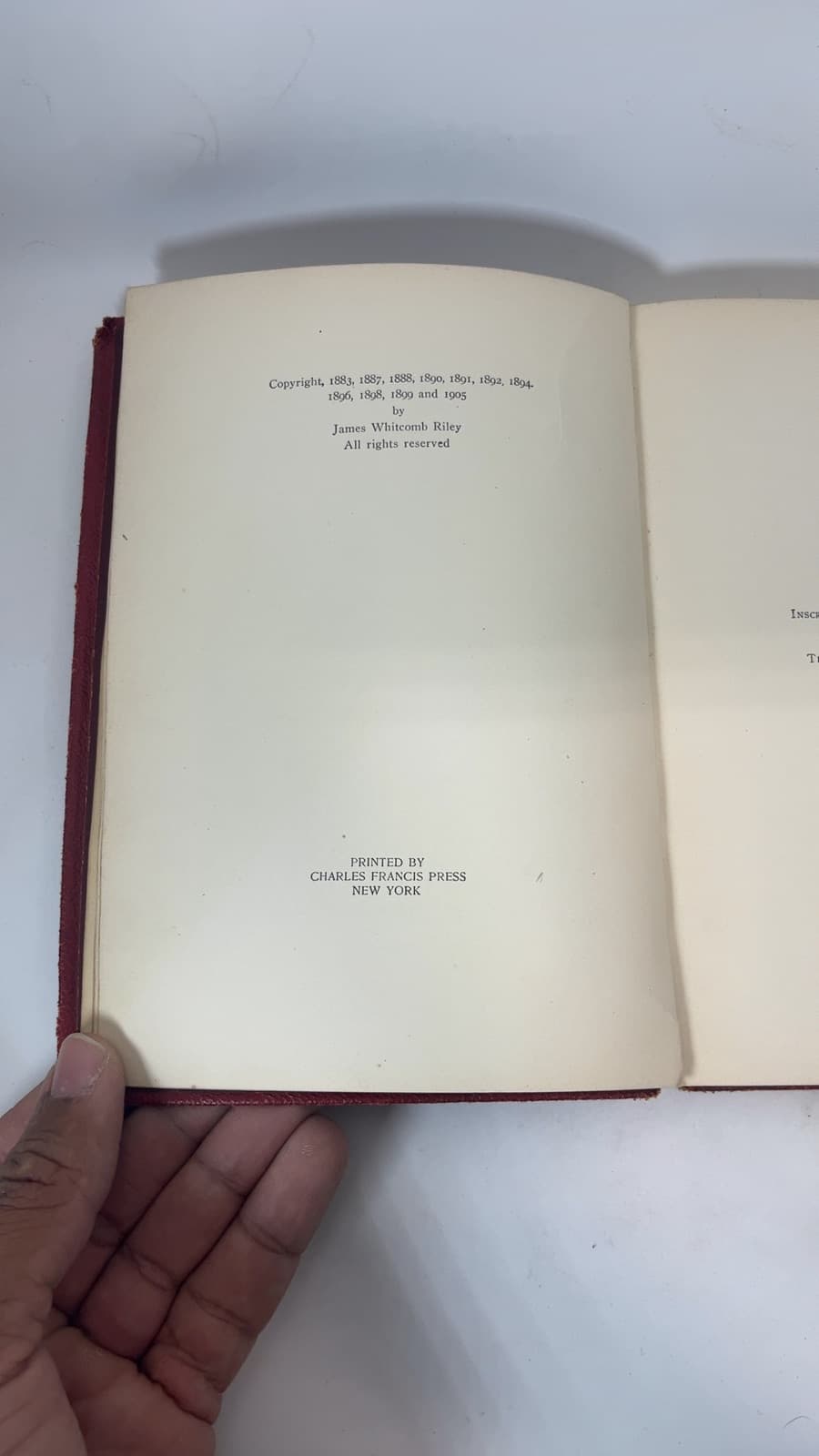 Riley Farm-Rhymes by James Whitcomb Riley - copyright page showing 1905 details