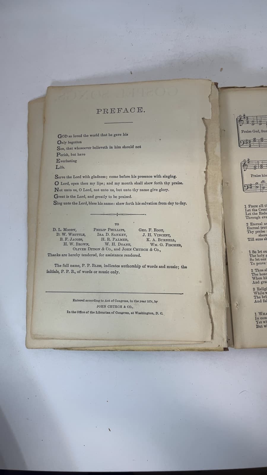 Gospel Songs by P. P. Bliss - copyright page showing 1874 details