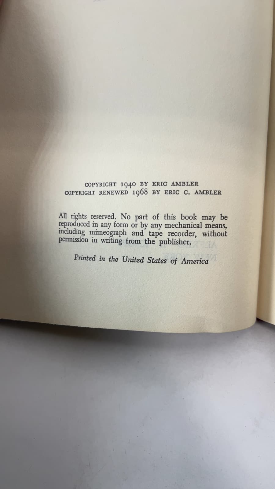 Journey Into Fear by Eric Ambler - copyright page showing 1940 details