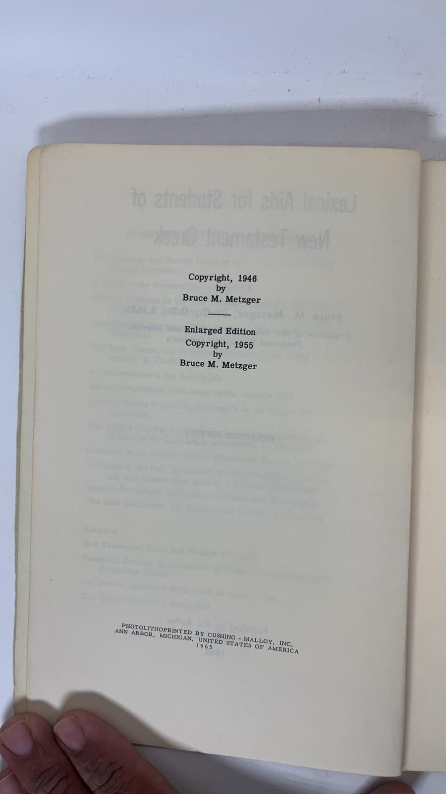 Lexical Aids for Students of New Testament Greek by Bruce M. Metzger - copyright page showing 1965 details