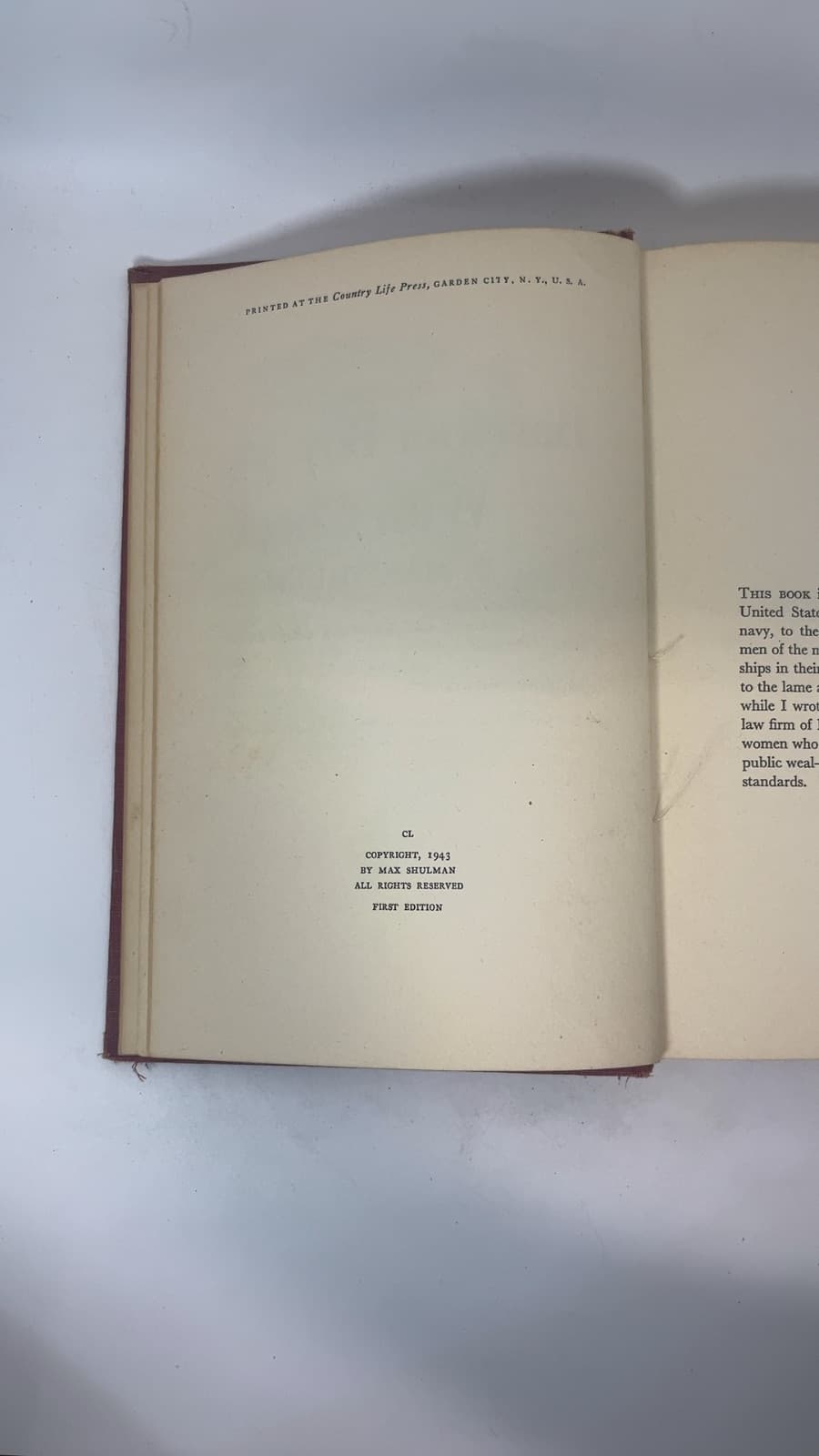 Barefoot Boy With Cheek by Max Shulman - copyright page showing 1943 details
