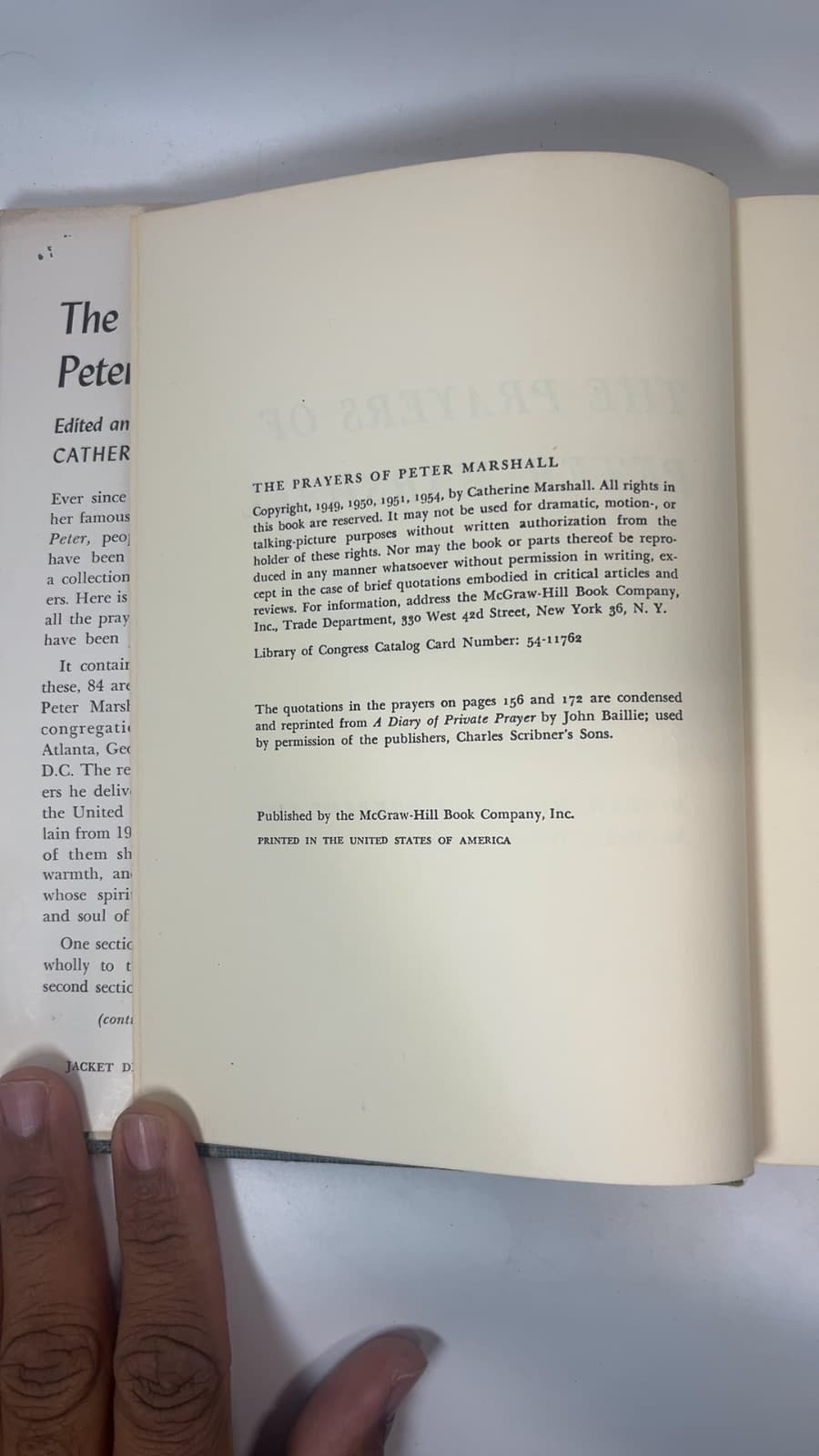 The Prayers of Peter Marshall by Catherine Marshall - copyright page showing 1954 details