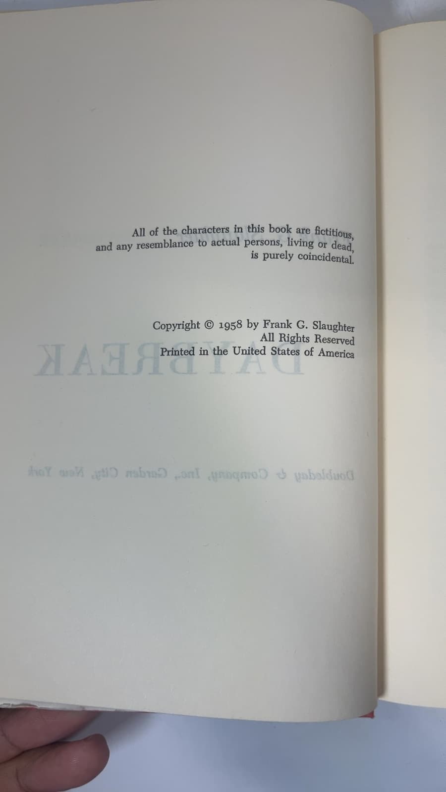 Daybreak by Frank G. Slaughter - copyright page showing 1958 details