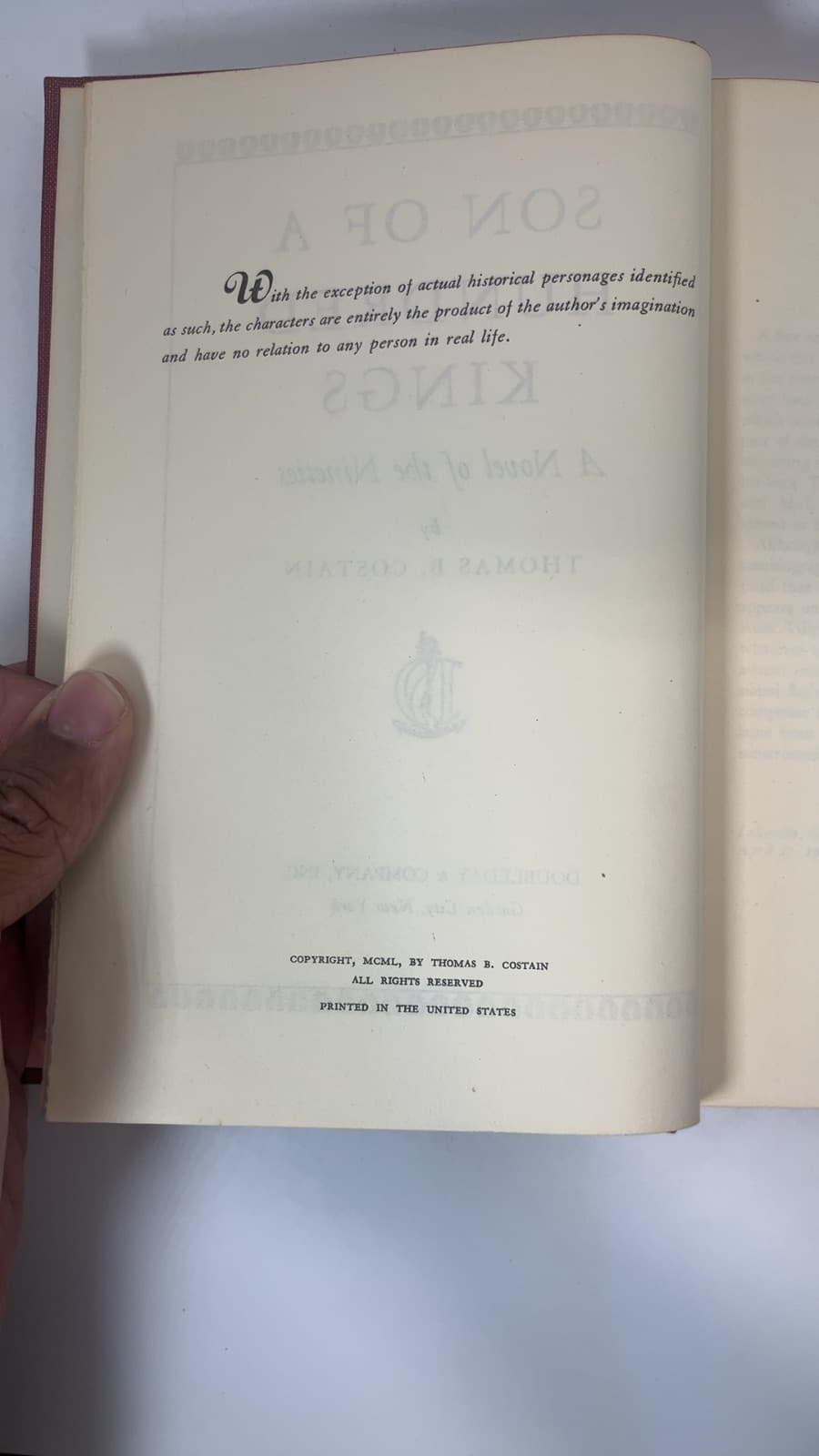 Son of a Hundred Kings by Thomas B. Costain - copyright page showing 1950 details