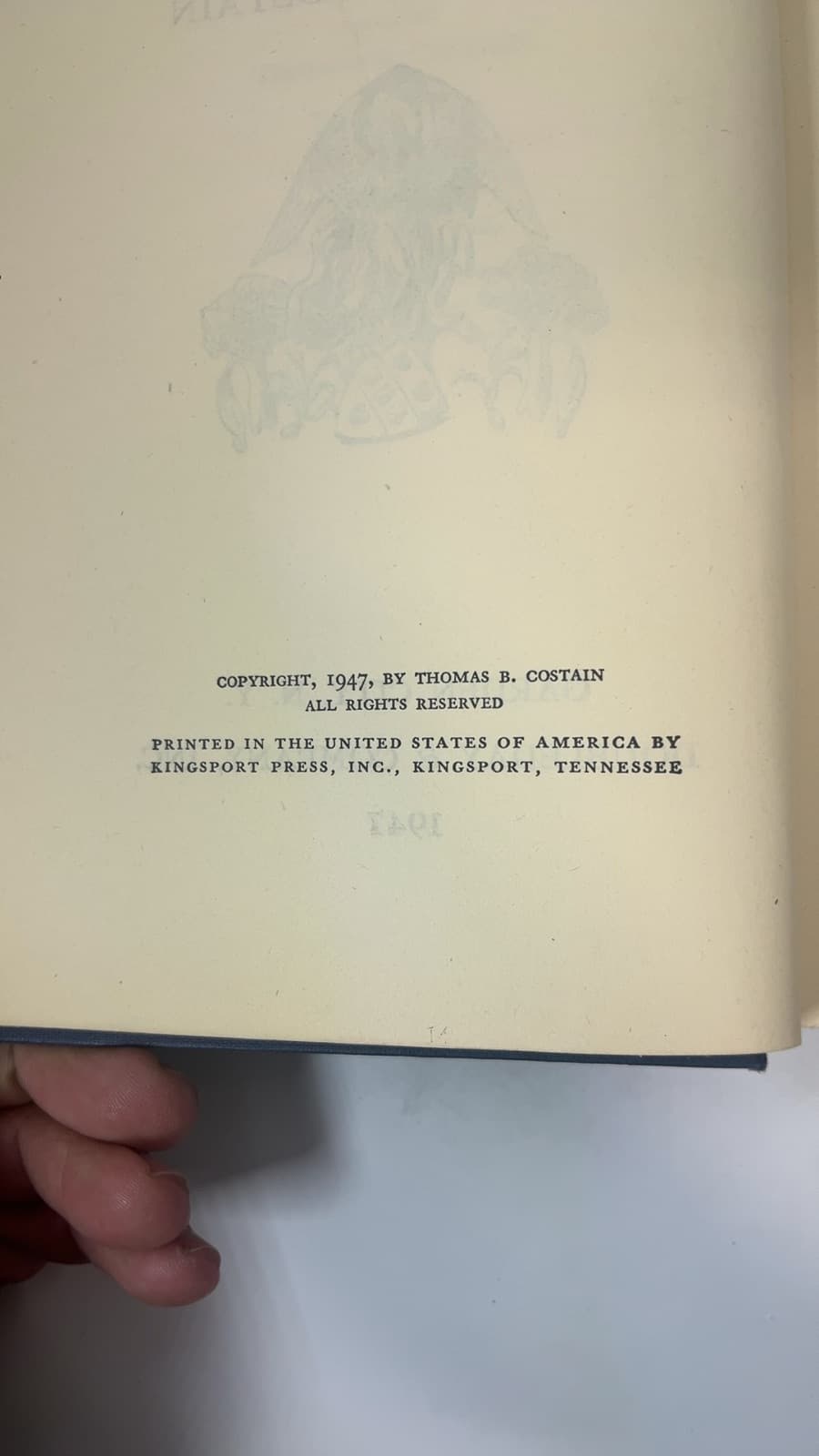 The Moneyman by Thomas B. Costain - copyright page showing 1947 details