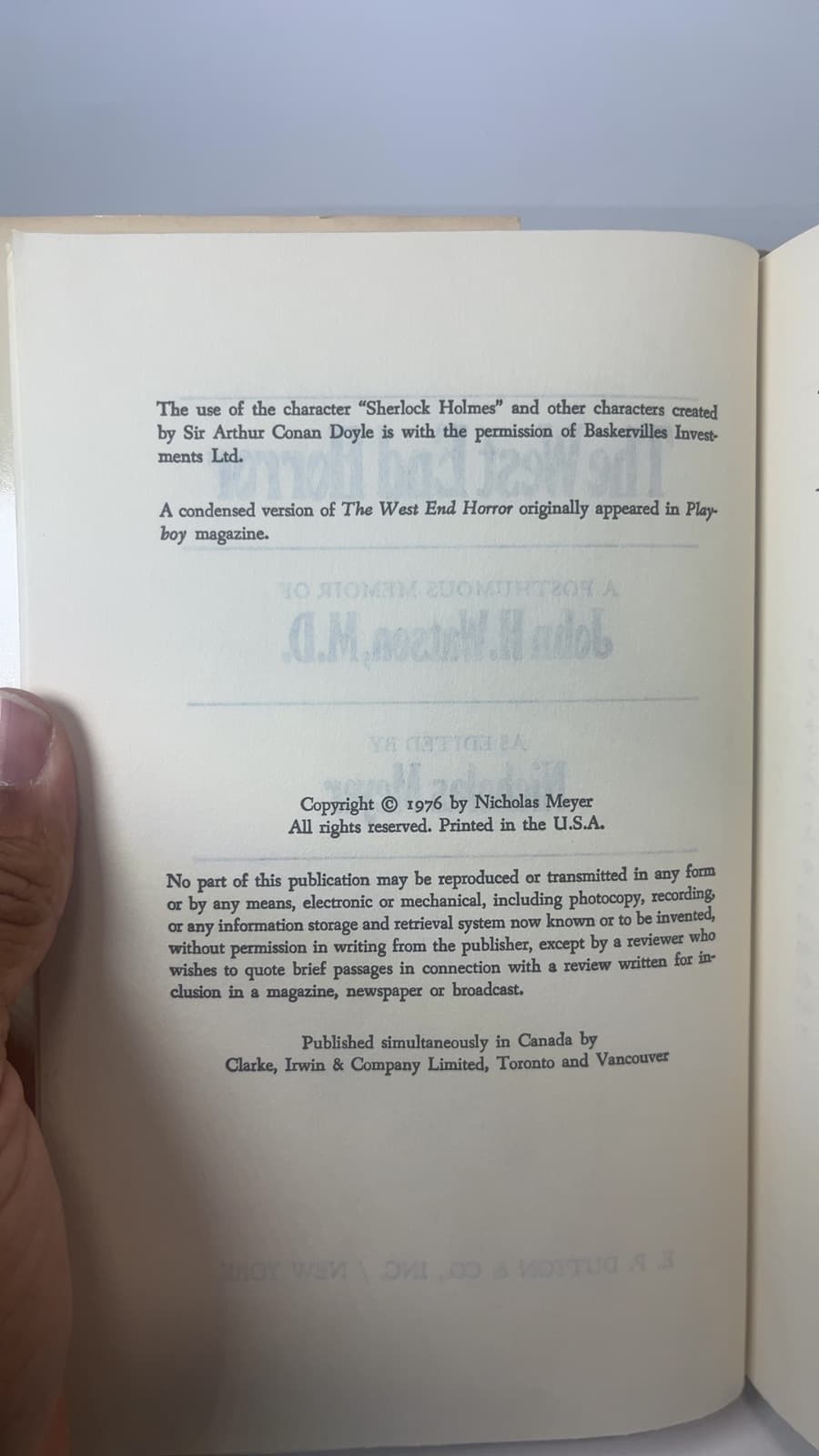 The West End Horror - Book Club Edition  by Nicholas Meyer - copyright page showing 1976 details