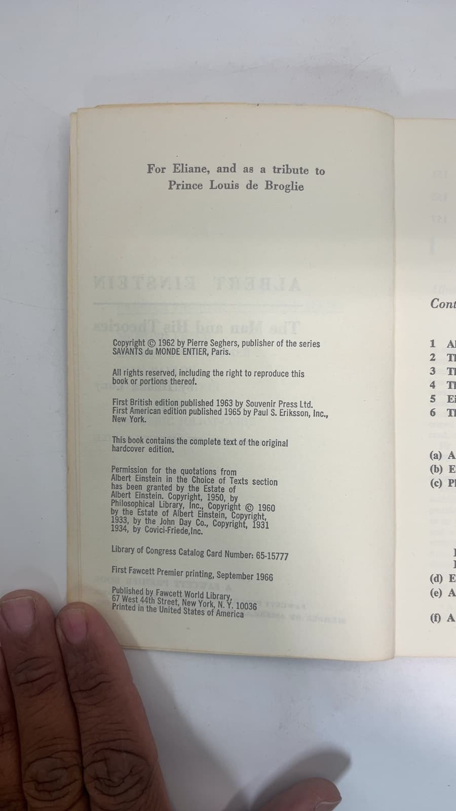 Albert Einstein: The Man and His Theories by Hilaire Cuny - copyright page showing 1966 details