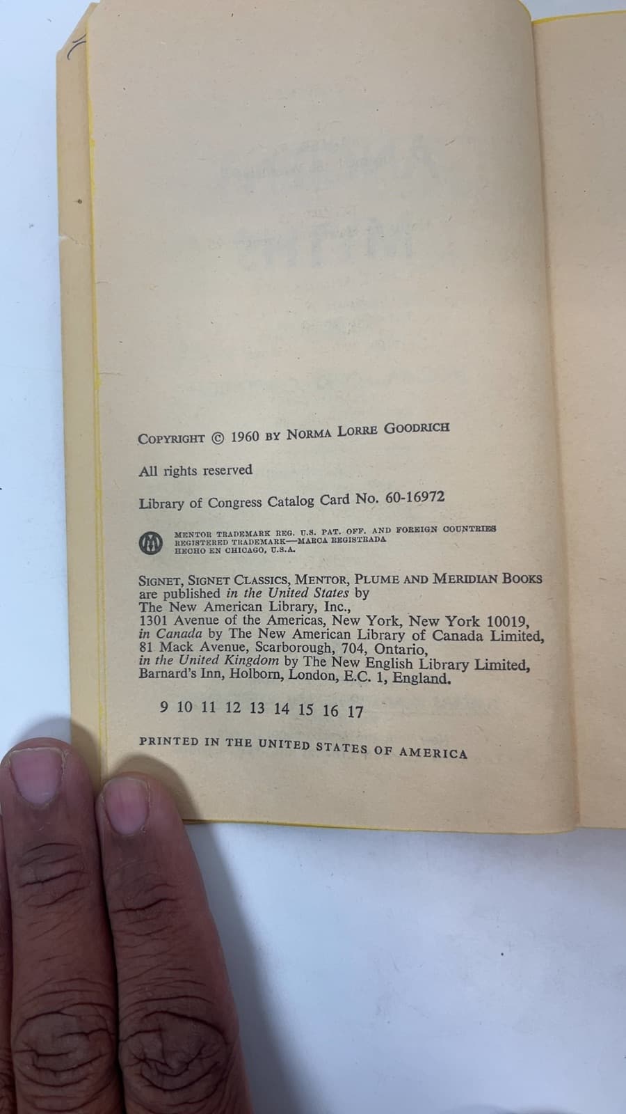Ancient Myths by Norma Lorre Goodrich - copyright page showing 1960 details