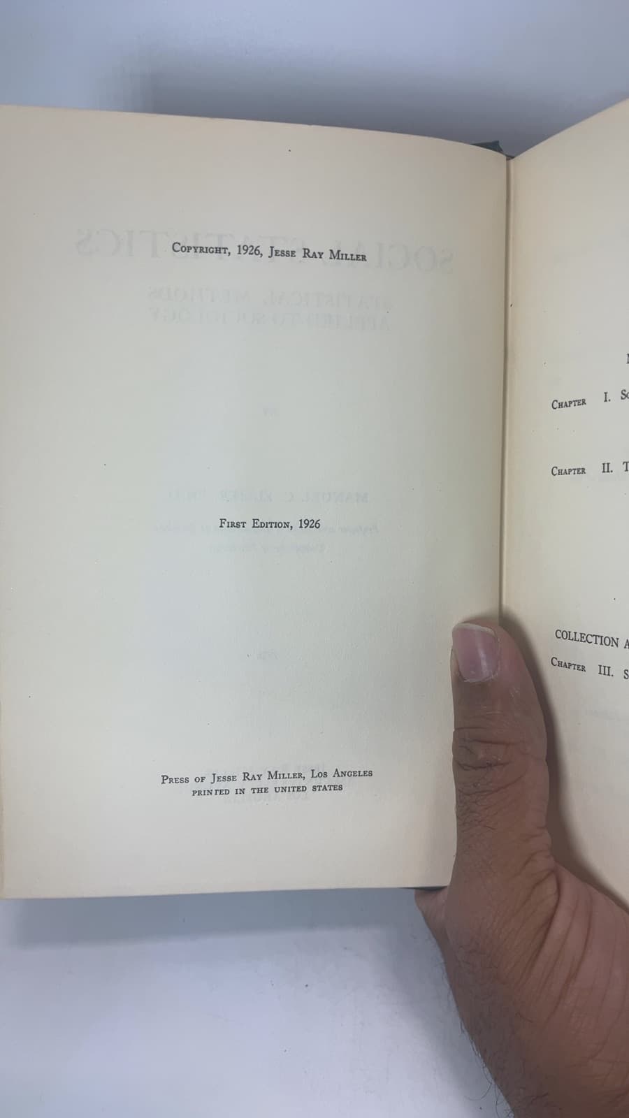 Social Statistics: Statistical Methods Applied to Sociology by Manuel C. Elmer, Ph.D. - copyright page showing 1926 details