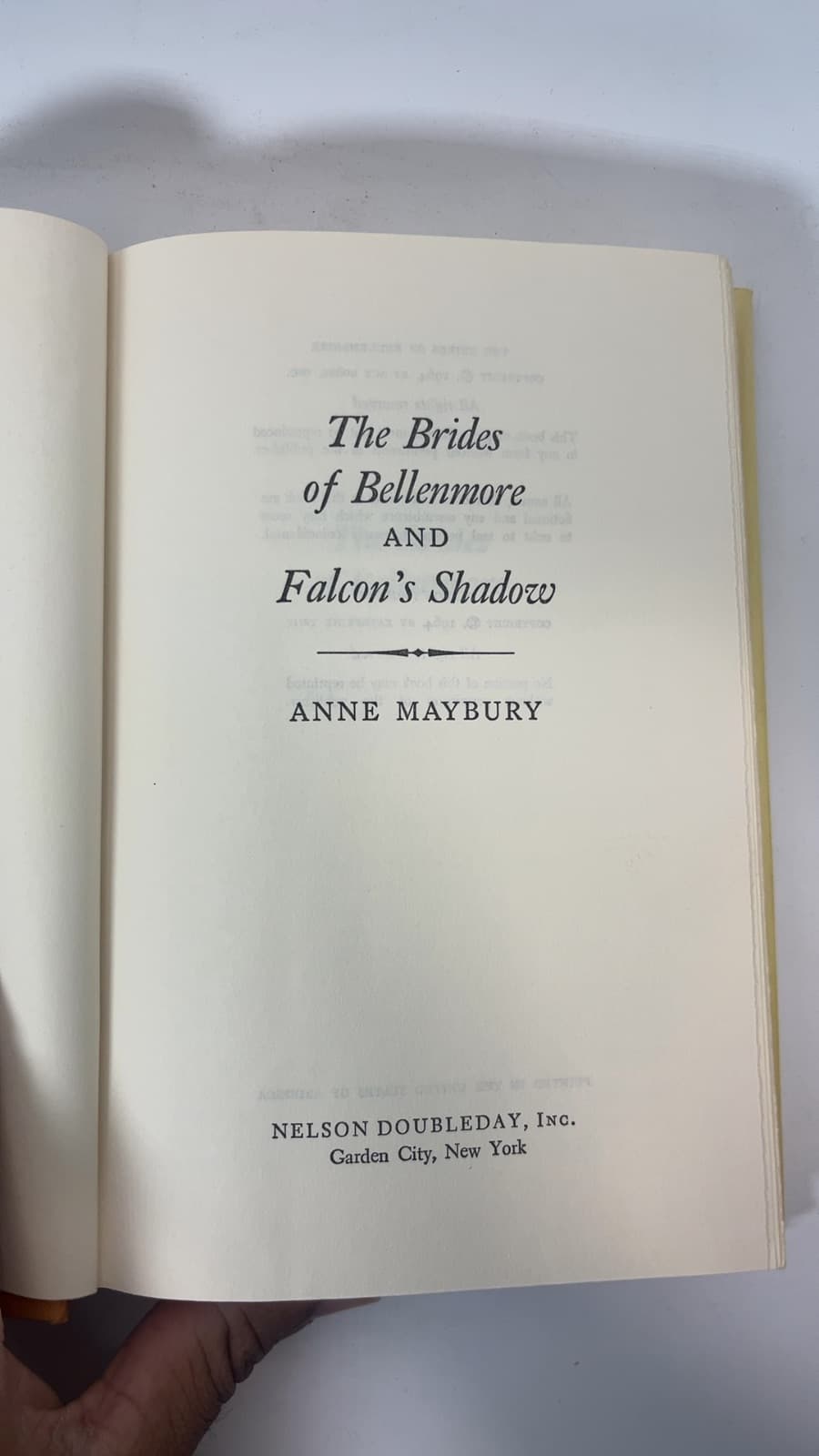 The Brides of Bellenmore and Falcon's Shadow by Anne Maybury - title page