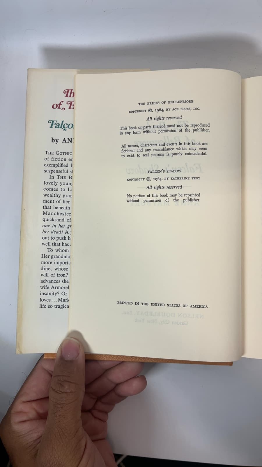 The Brides of Bellenmore and Falcon's Shadow by Anne Maybury - copyright page showing 1964 details