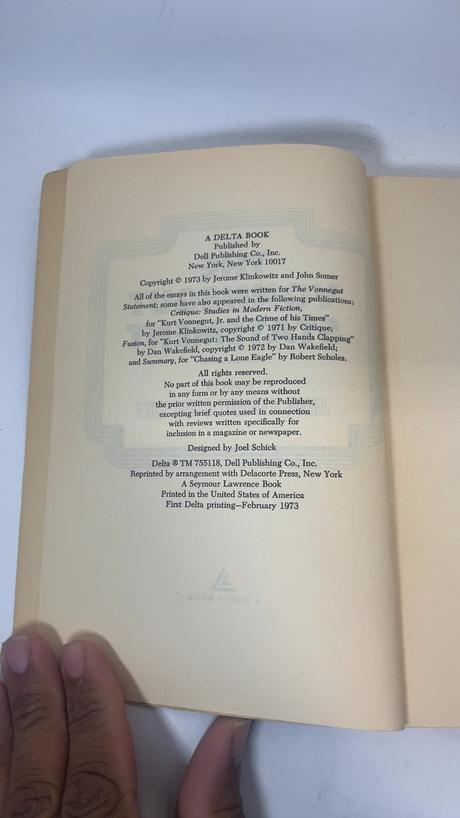 The Vonnegut Statement by Edited by Jerome Klinkowitz & John Somer - copyright page showing 1973 details