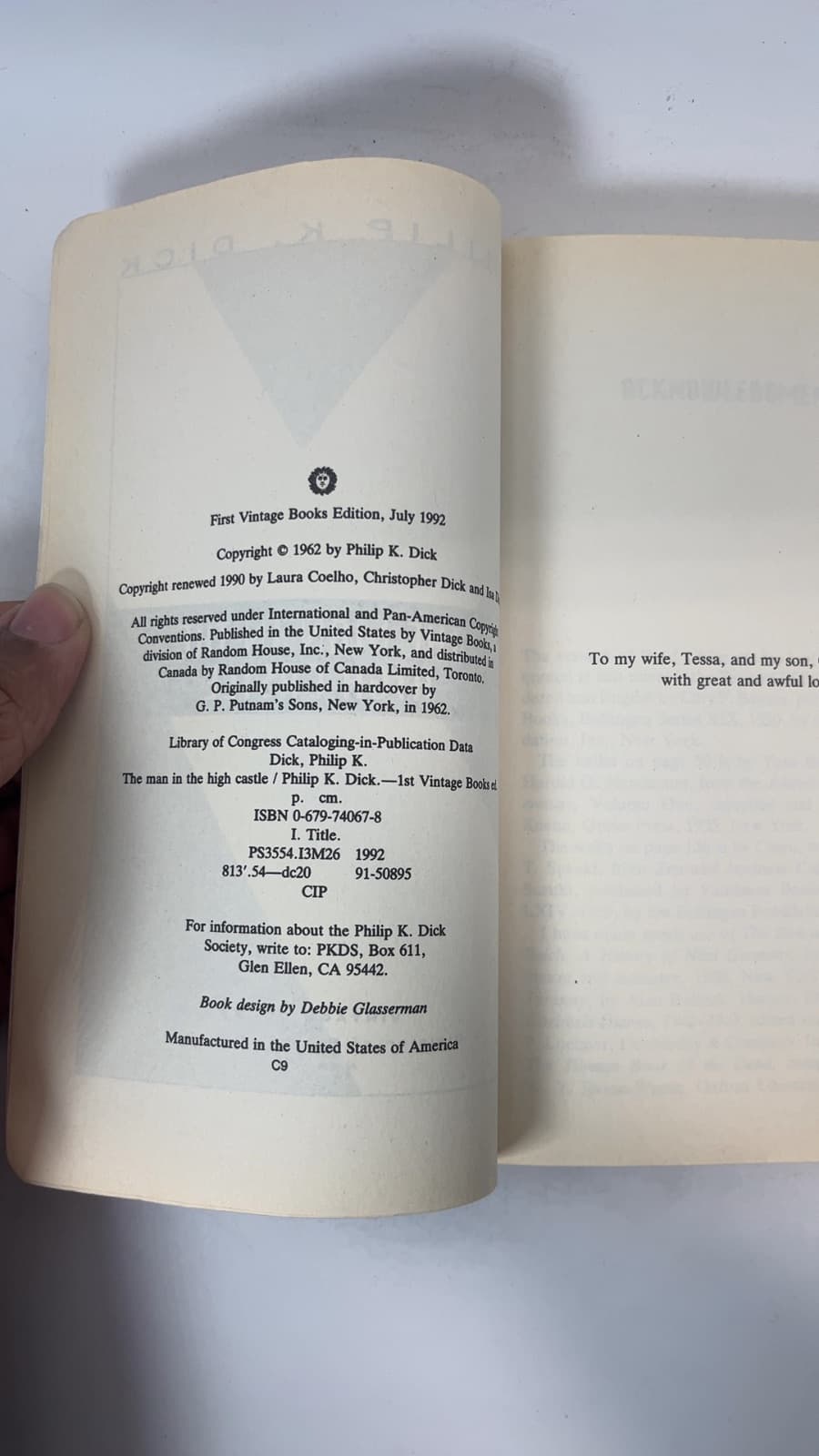 The Man in the High Castle by Philip K. Dick - copyright page showing 1992 details
