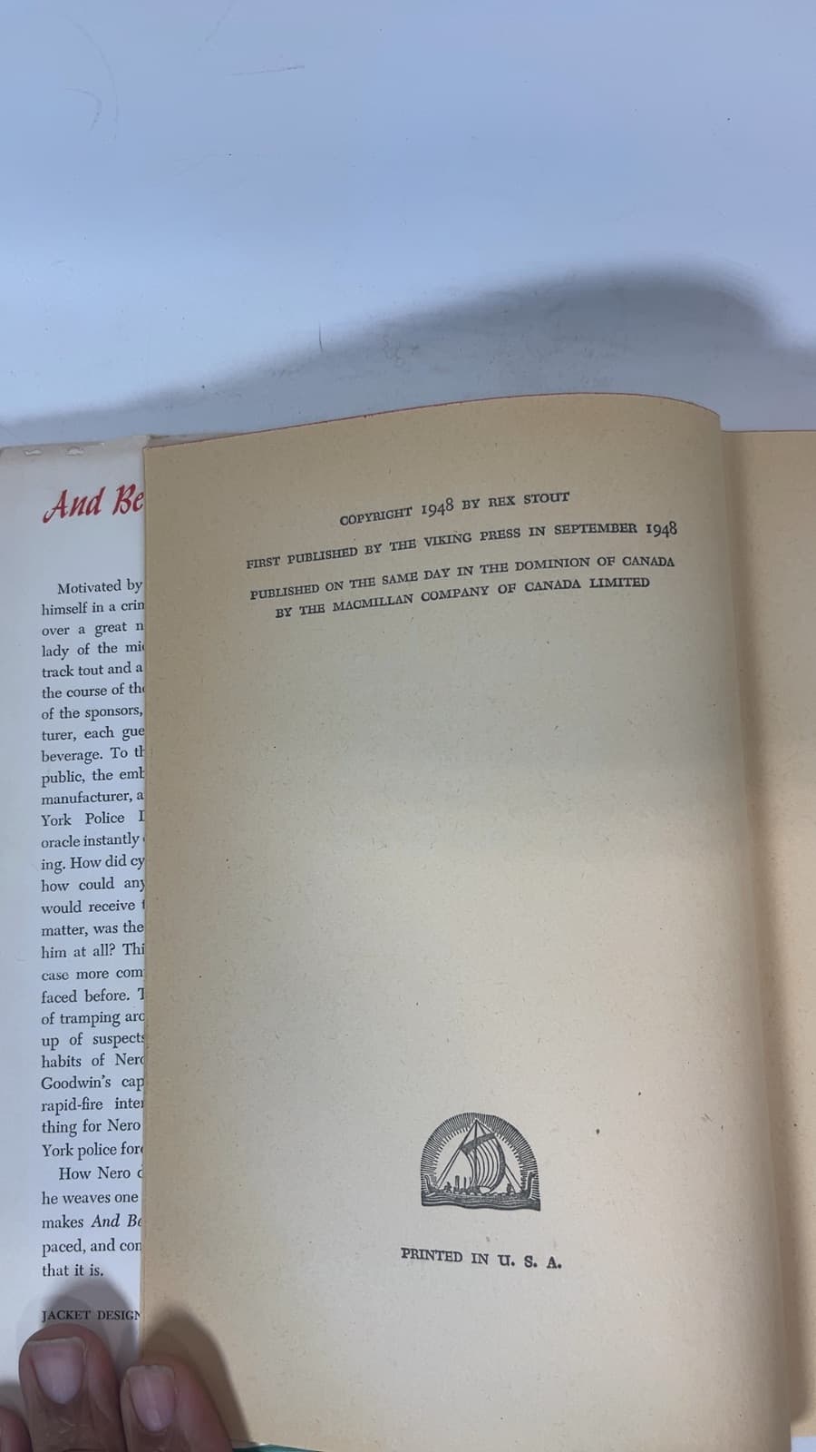 and be a villain by Rex Stout - copyright page showing 1948 details