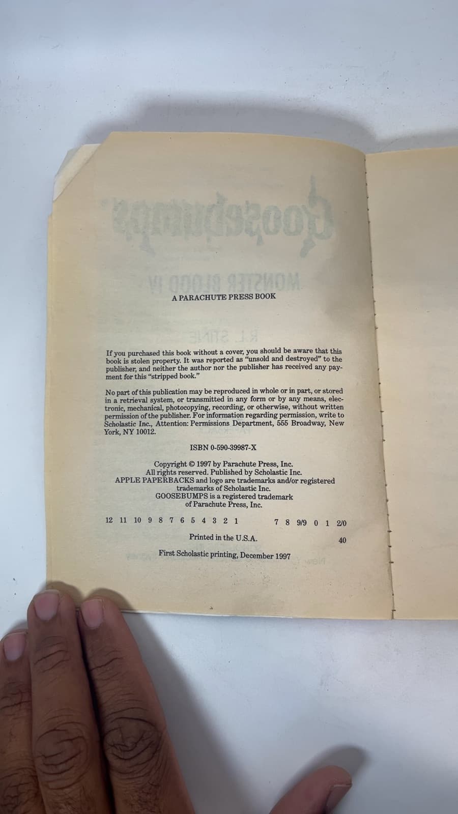 Goosebump's Monster Blood IV - Water Damage  by R.L. Stine - copyright page showing 1997 details