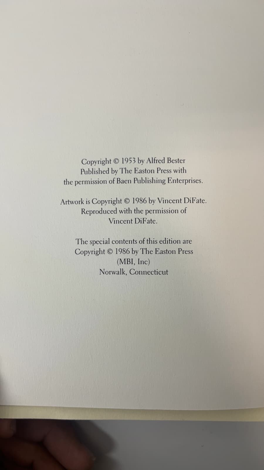The Demolished Man - Easton Press  by Alfred Bester - copyright page showing 1986 details