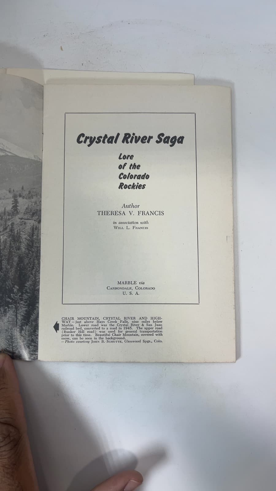 Crystal River Saga: Lore of the Colorado Rockies by Theresa V. Francis - copyright page showing 1959 details