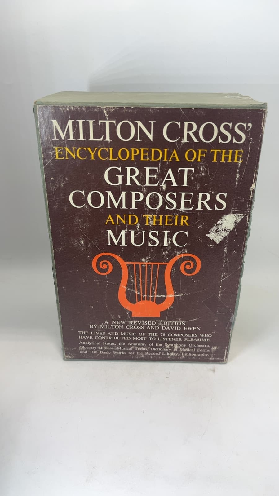 Milton Cross' Encyclopedia of the Great Composers and Their Music by Milton Cross and David Ewen - quarter view showing binding condition