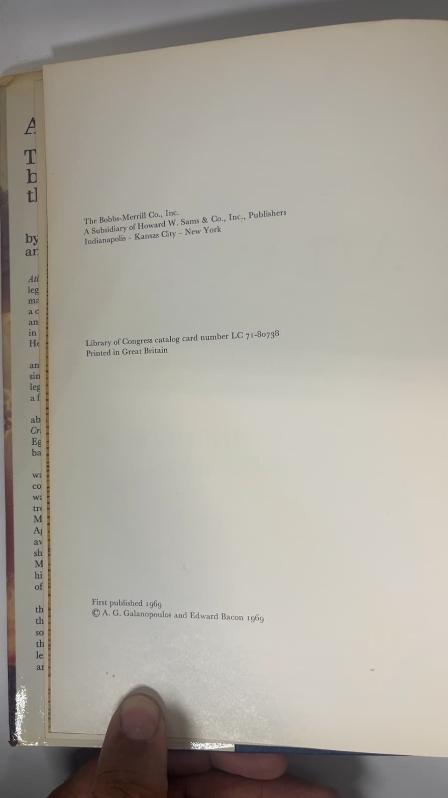 Atlantis: The truth behind the legend by A. G. Galanopoulos and Edward Bacon - copyright page showing 1969 details