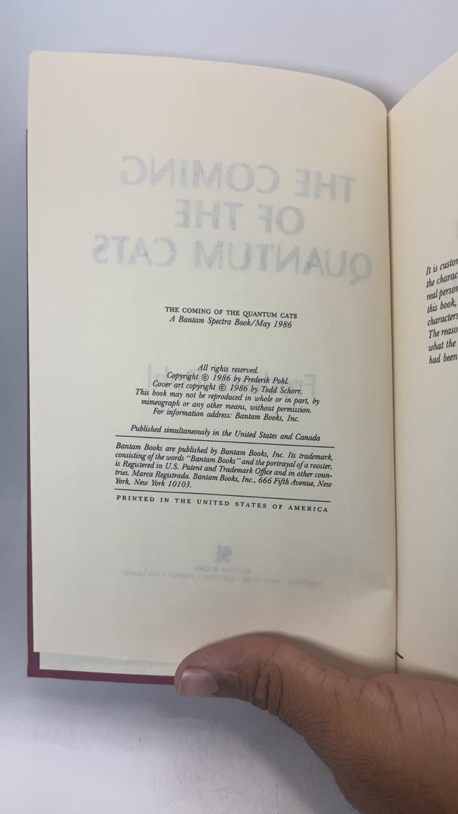 The Coming of the Quantum Cats by Frederik Pohl - copyright page showing 1986 details