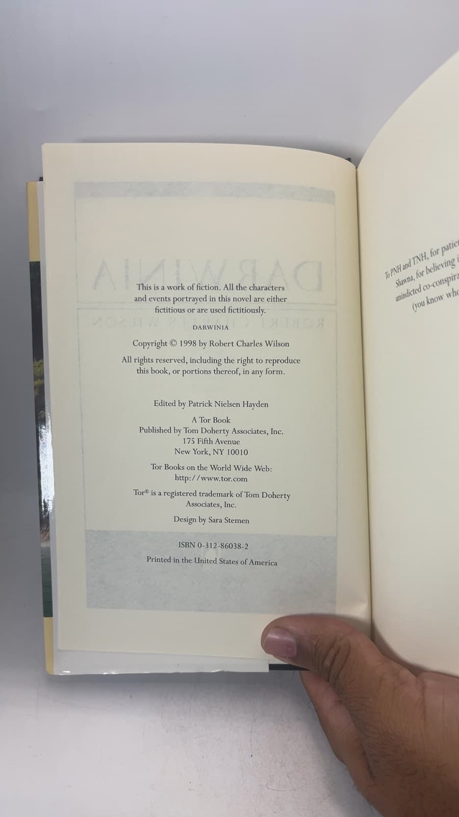 Darwinia by Robert Charles Wilson - copyright page showing 1998 details
