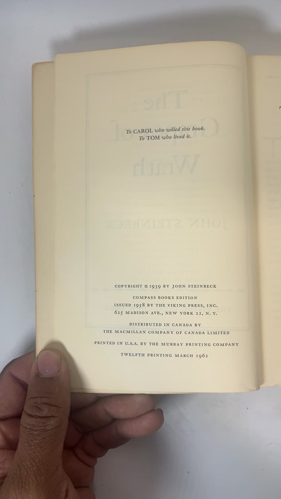 The Grapes of Wrath by John Steinbeck - copyright page showing 1962 details