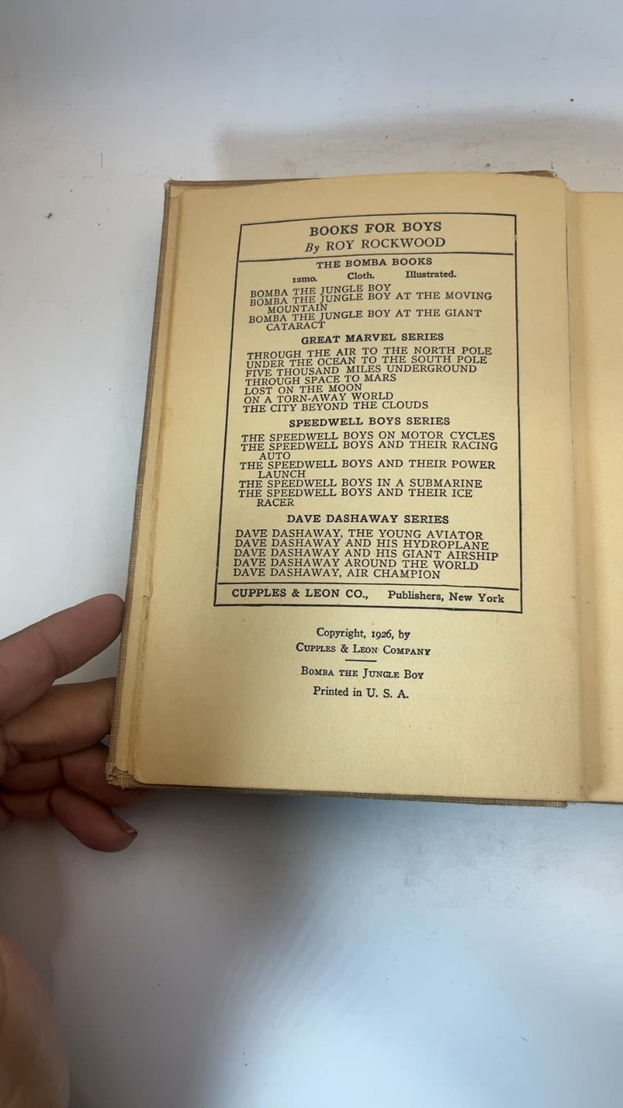 Bomba the Jungle Boy or The Old Naturalist’s Secret by Roy Rockwood - copyright page showing 1926 details