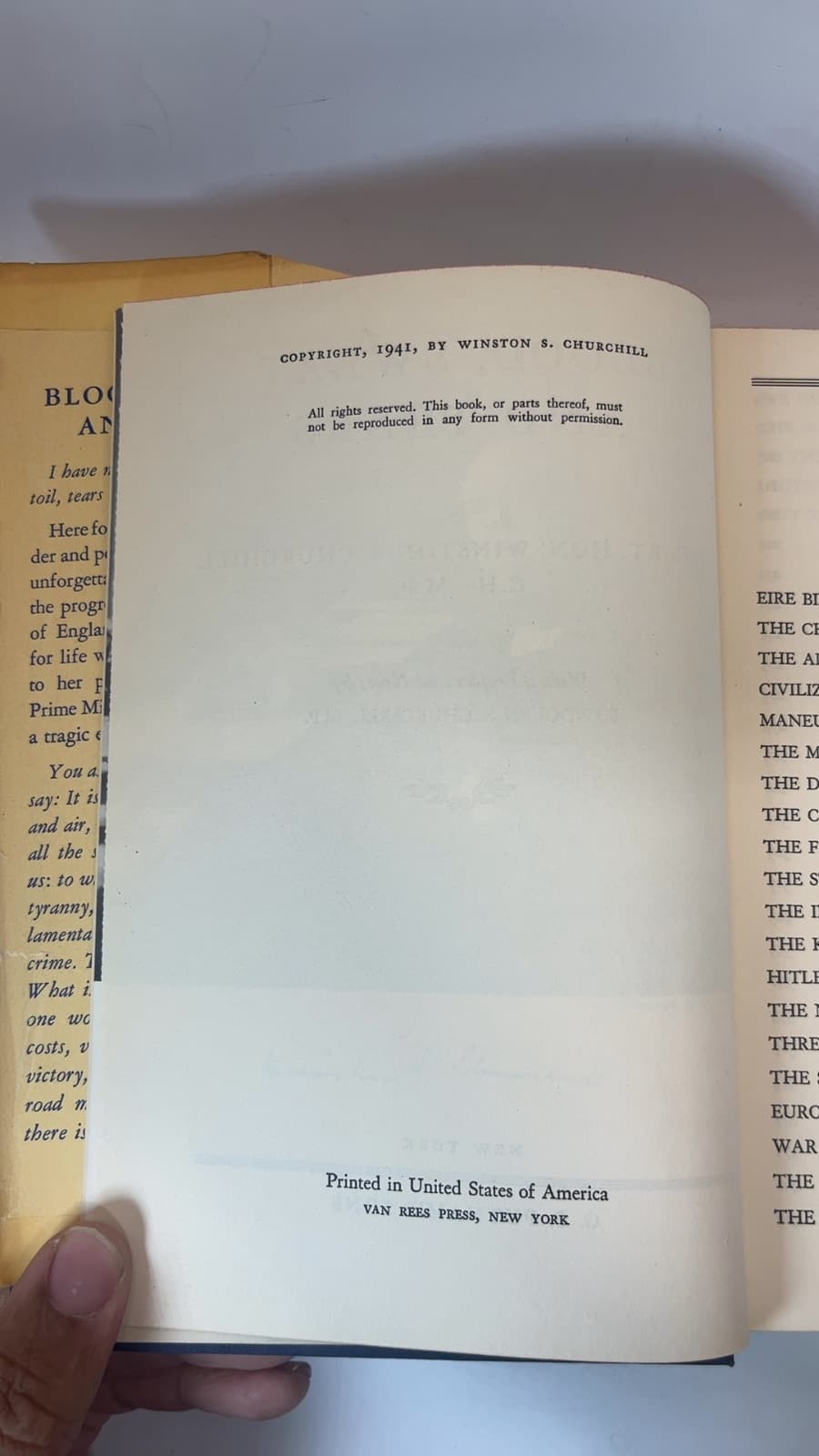 Blood, Sweat, and Tears by The Rt. Hon. Winston S. Churchill C.H., M.P. - copyright page showing 1941 details