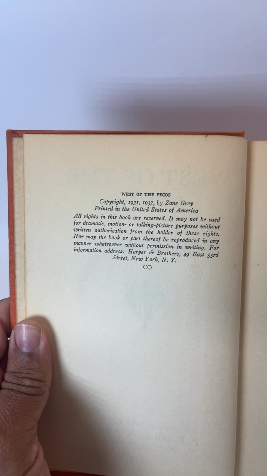 West of the Pecos by Zane Grey - copyright page showing 1937 details