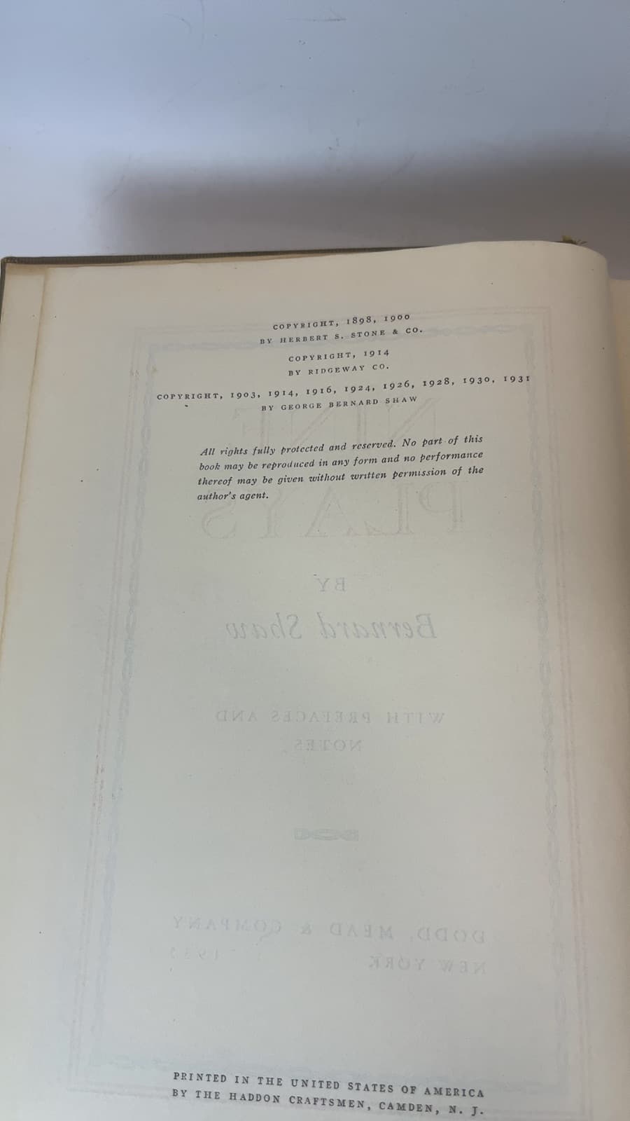 Nine Plays by Bernard Shaw - copyright page showing 1935 details