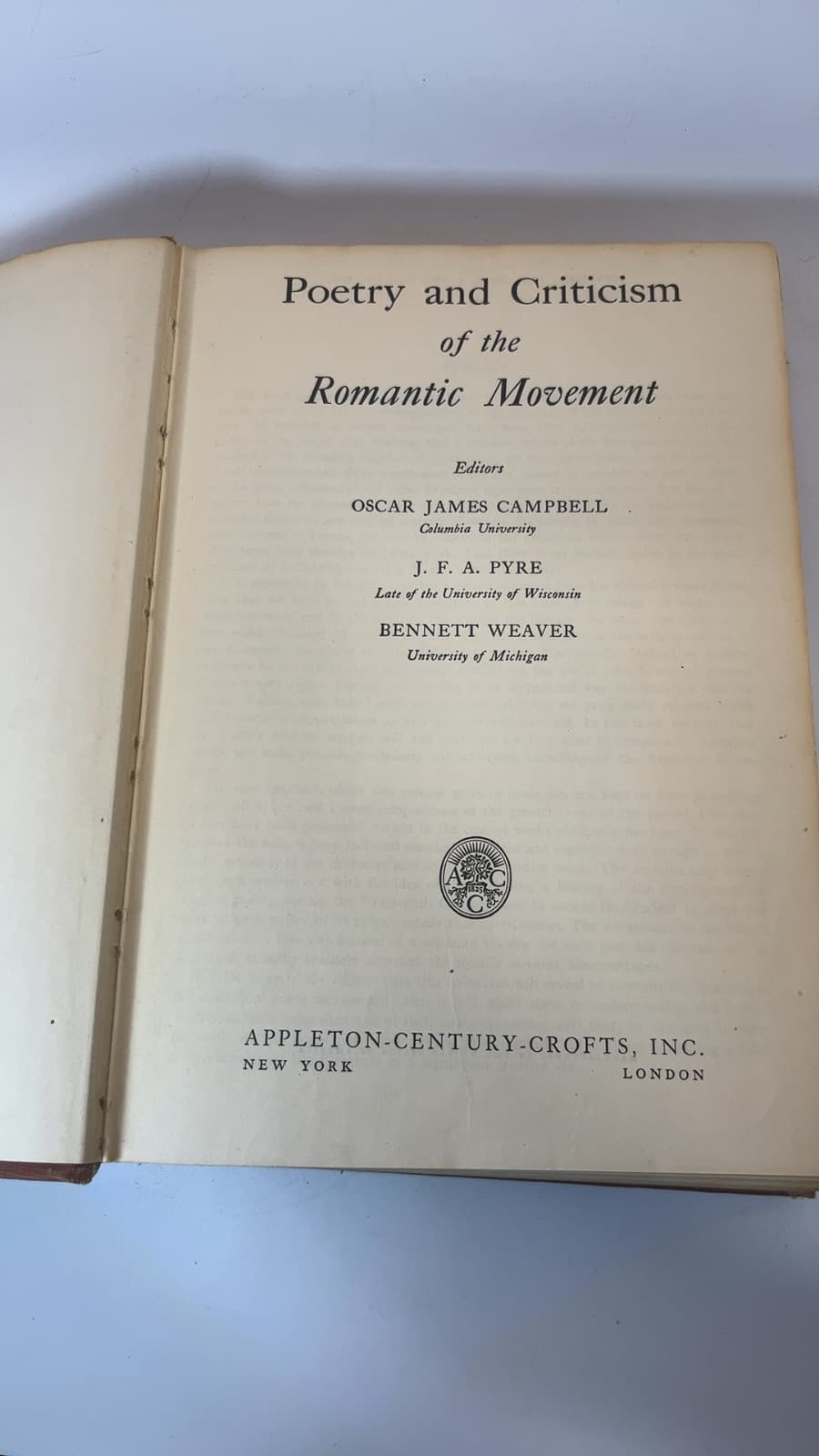 Poetry and Criticism of the Romantic Movement by Oscar James Campbell, J. F. A. Pyre, Bennett Weaver - title page