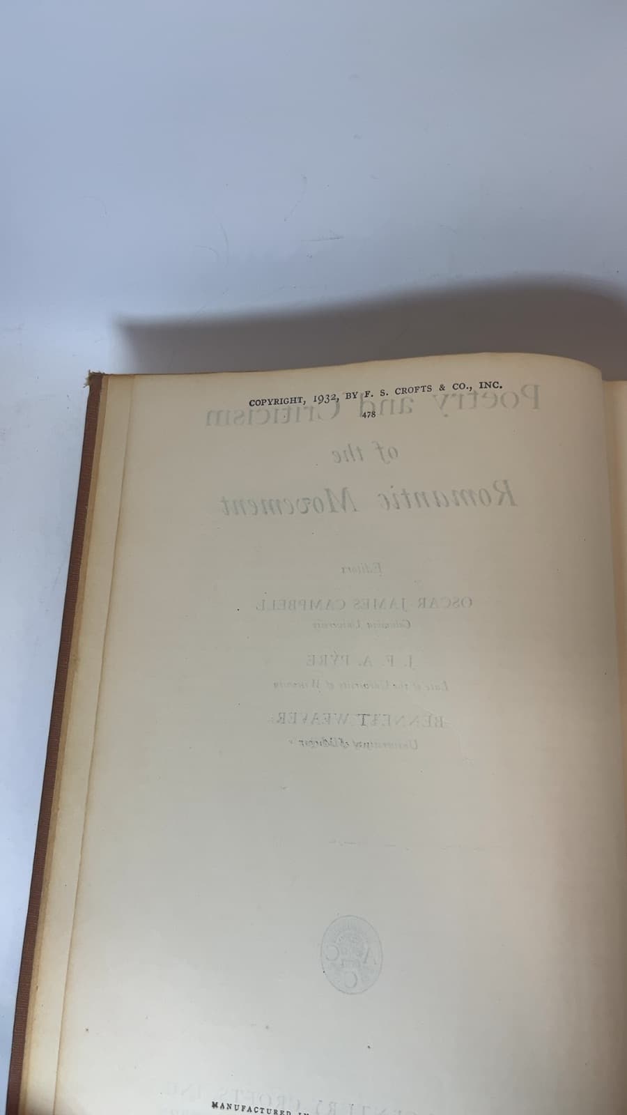 Poetry and Criticism of the Romantic Movement by Oscar James Campbell, J. F. A. Pyre, Bennett Weaver - copyright page showing 1932 details