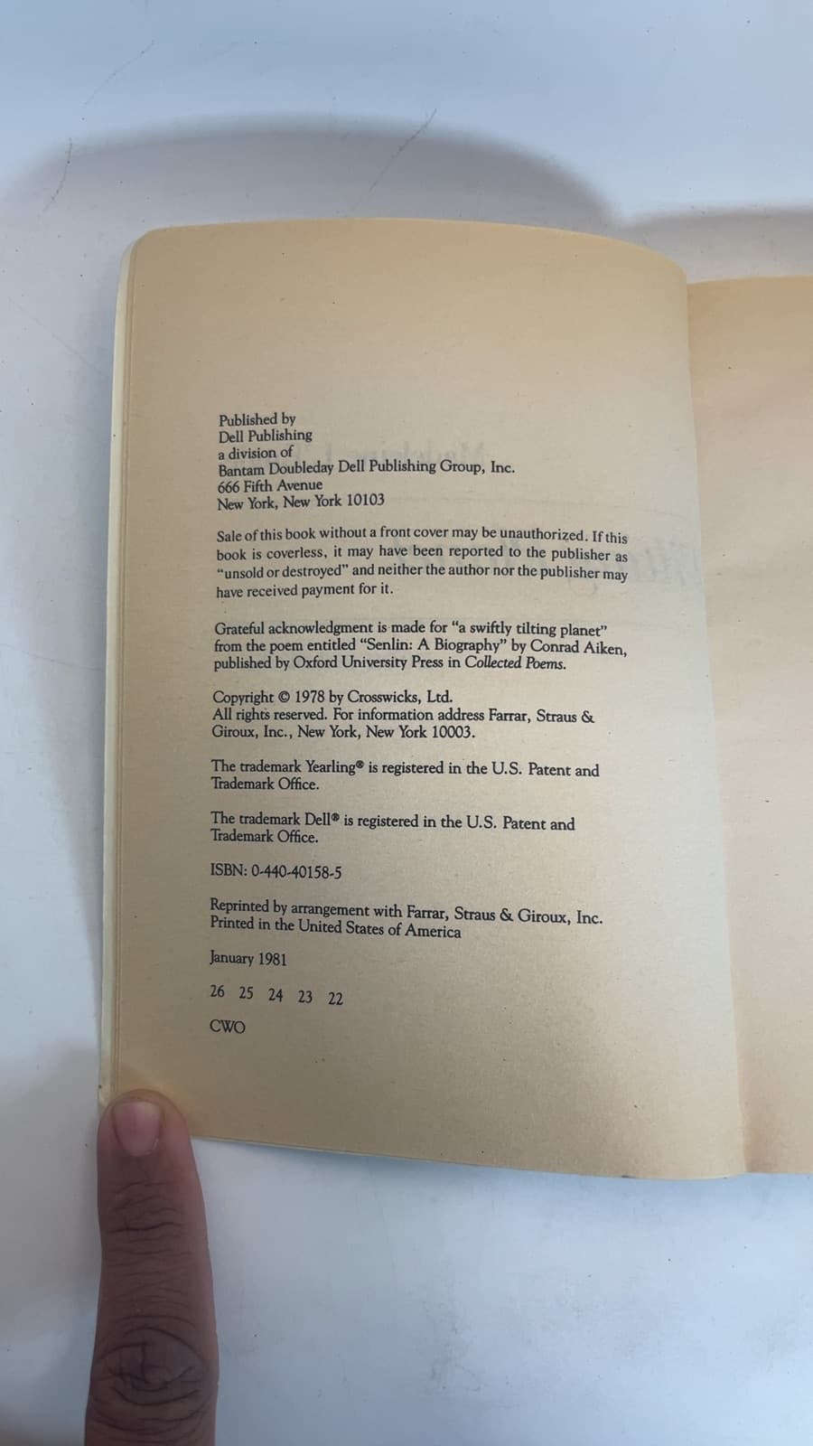 A Swiftly Tilting Planet (International Edition) by Madeleine L'Engle - copyright page showing 1980 details