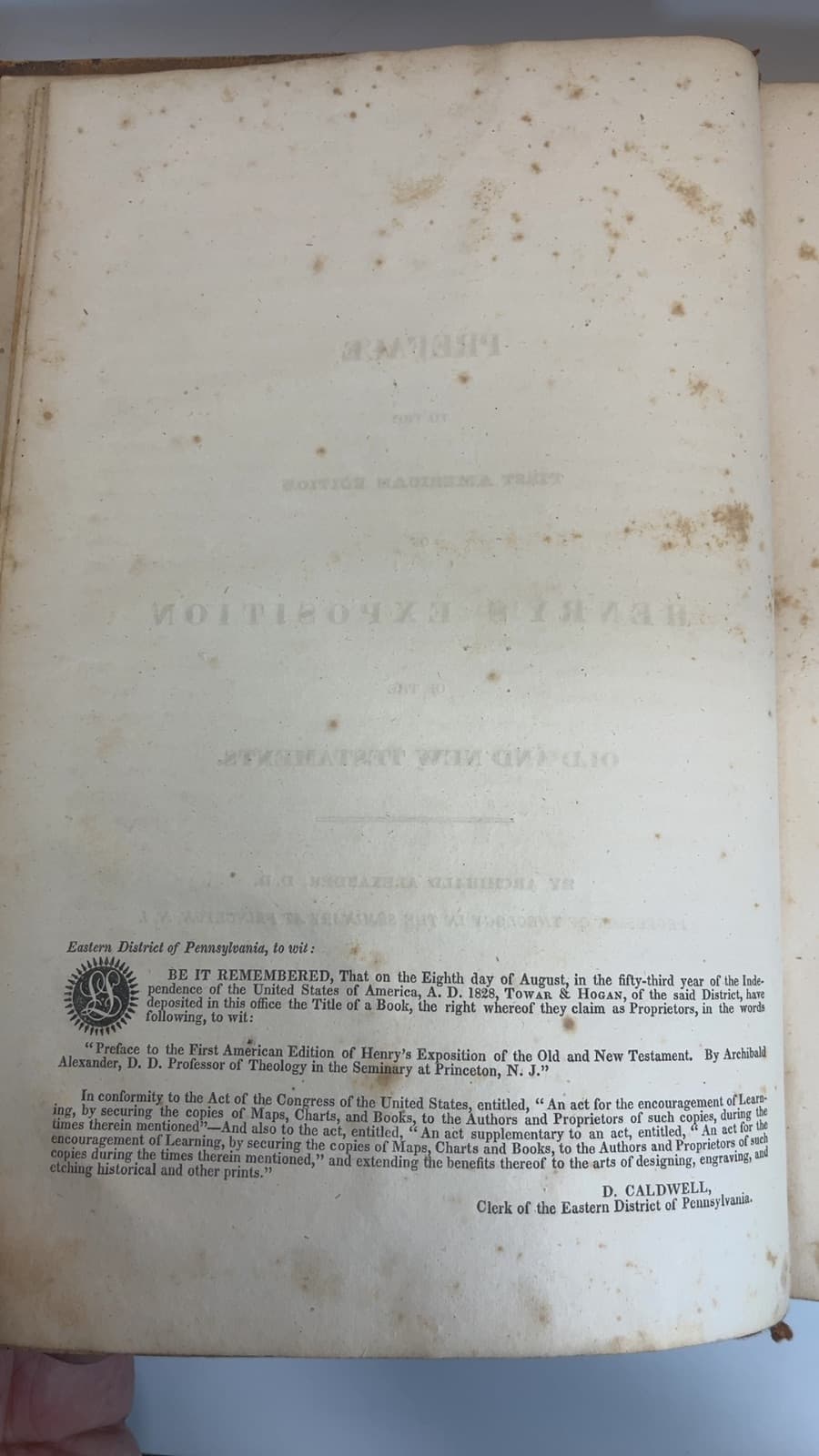An Exposition of the Old and New Testament - Volume 1  by Matthew Henry - copyright page showing 1828 details