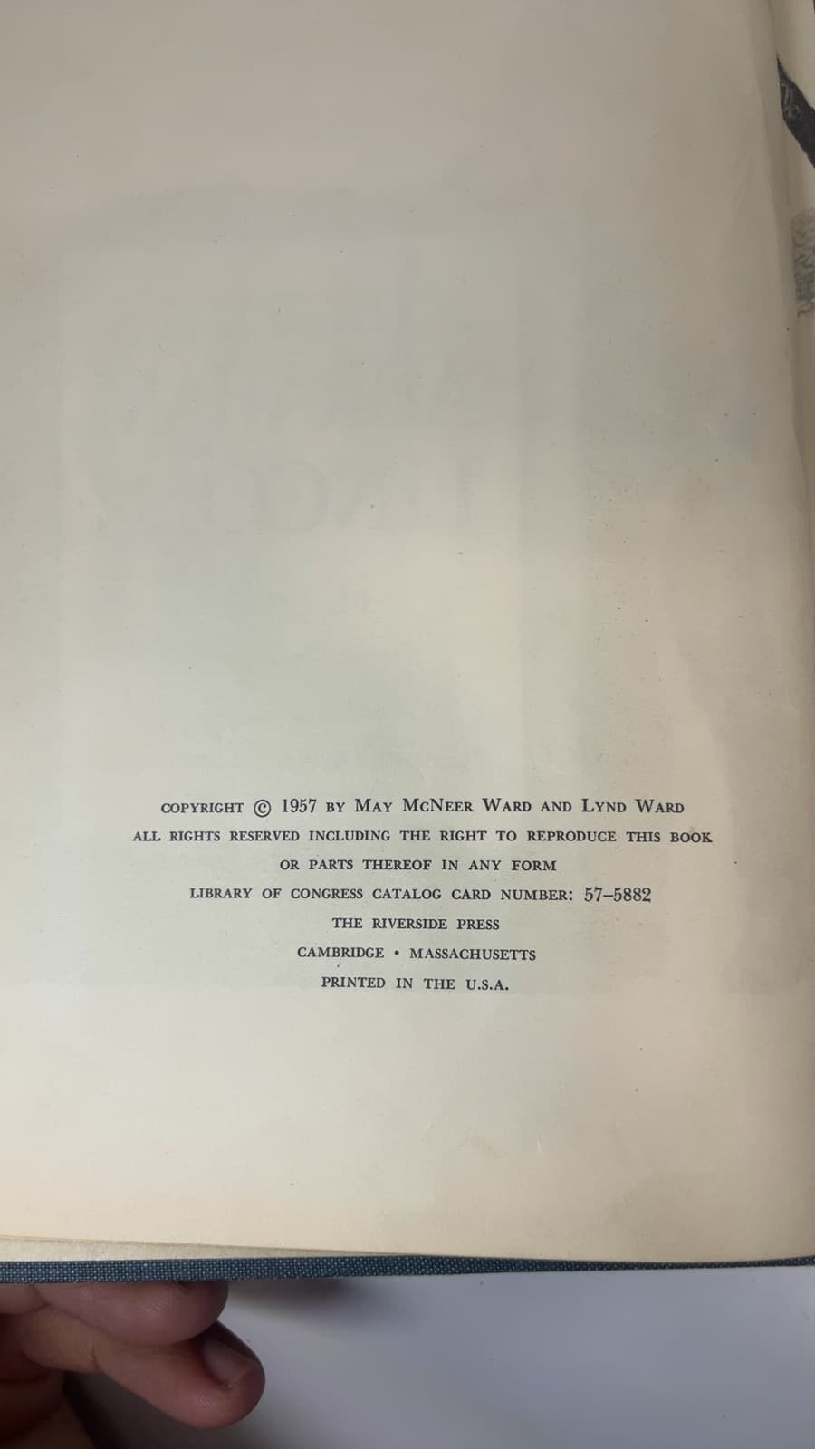 America's Abraham Lincoln by May McNeer - copyright page showing 1957 details