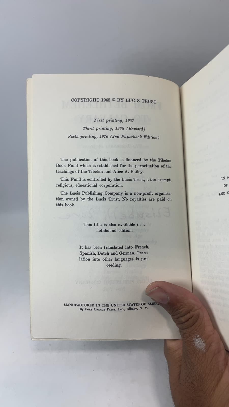 From Bethlehem to Calvary by Alice A. Bailey - copyright page showing 1976 details