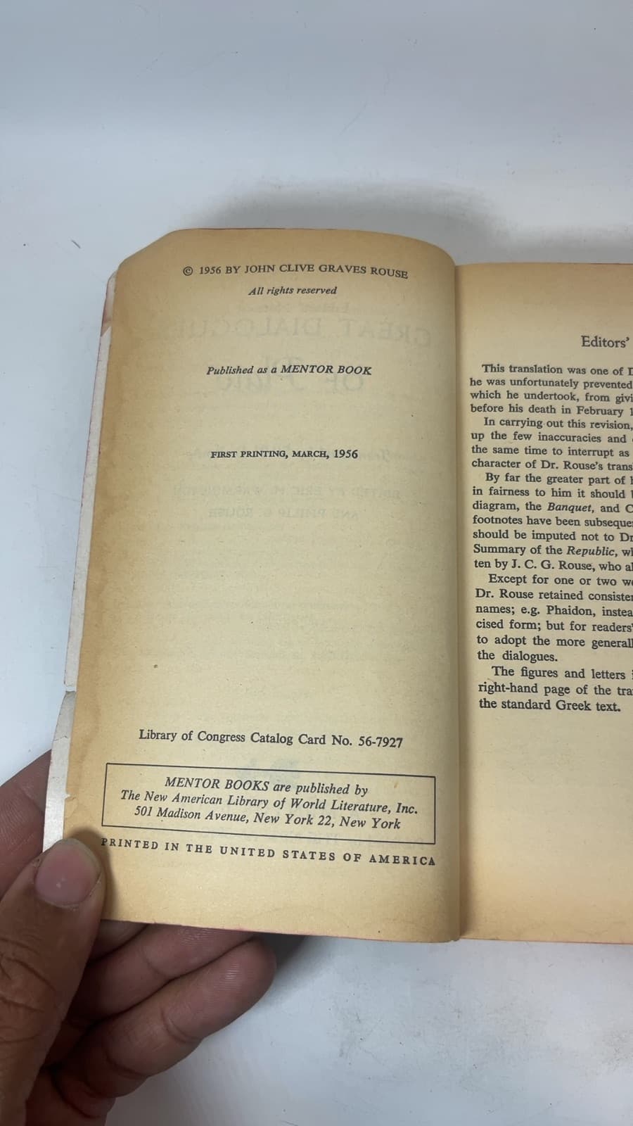 Great Dialogues of Plato by Plato - copyright page showing 1956 details