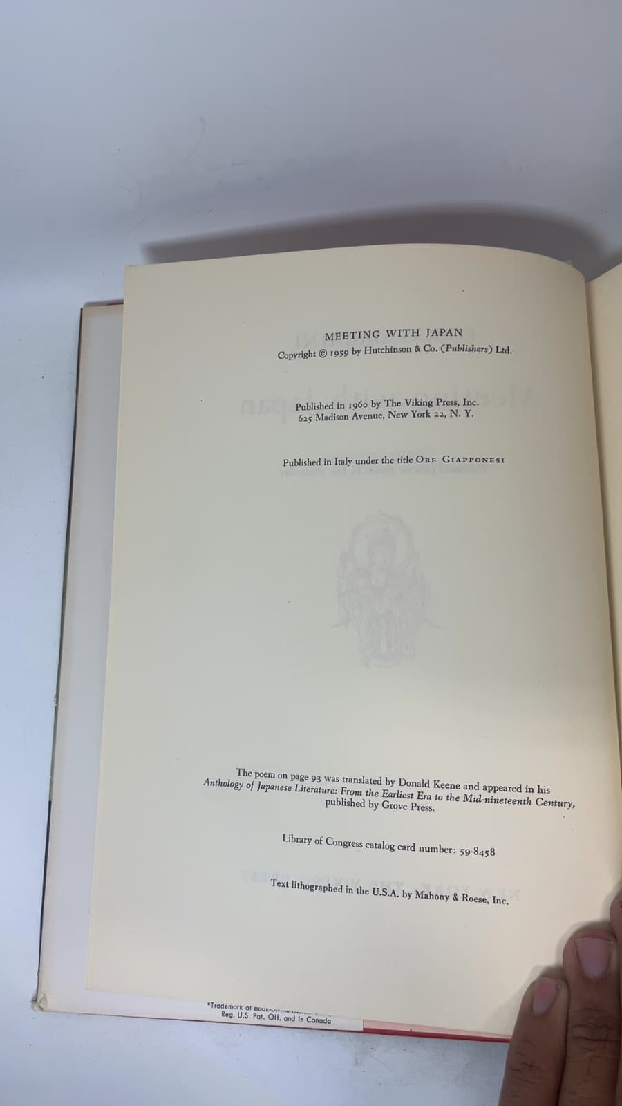 Meeting with Japan by Fosco Maraini - copyright page showing 1960 details