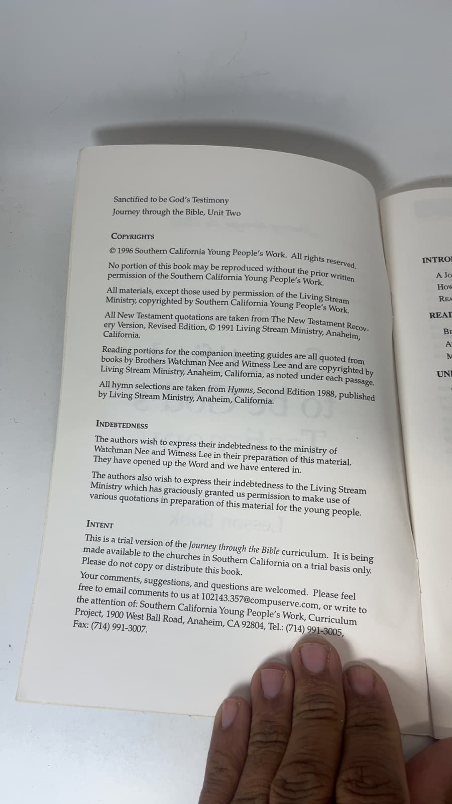 Journey Through the Bible: Unit Two - Sanctified to be God's Testimony - copyright page showing 1996 details