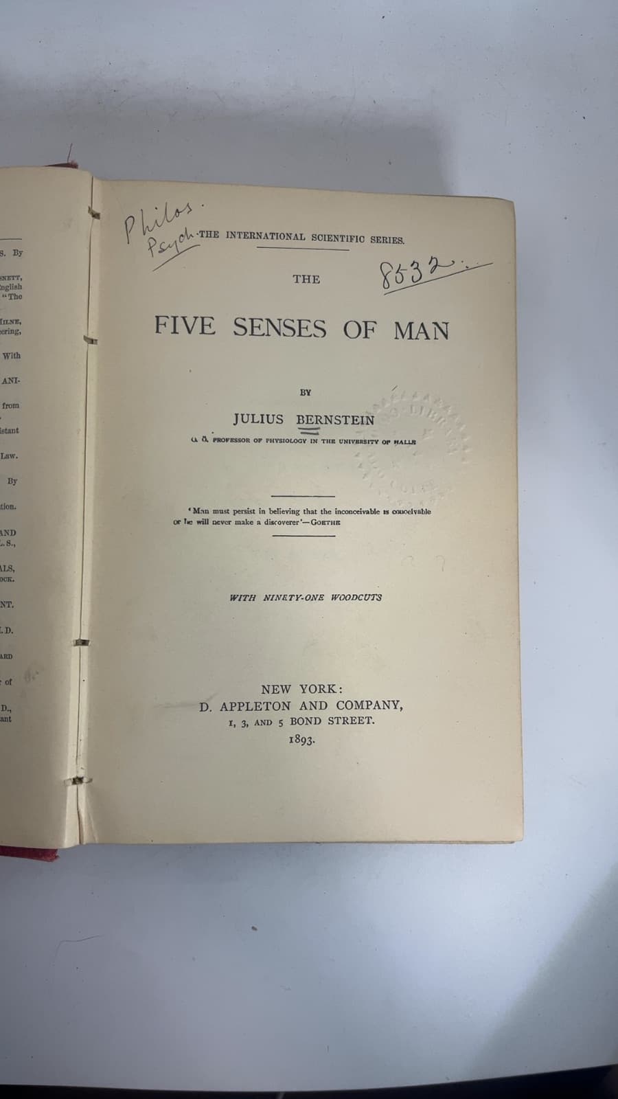 The Five Senses of Man by Julius Bernstein - copyright page showing 1893 details
